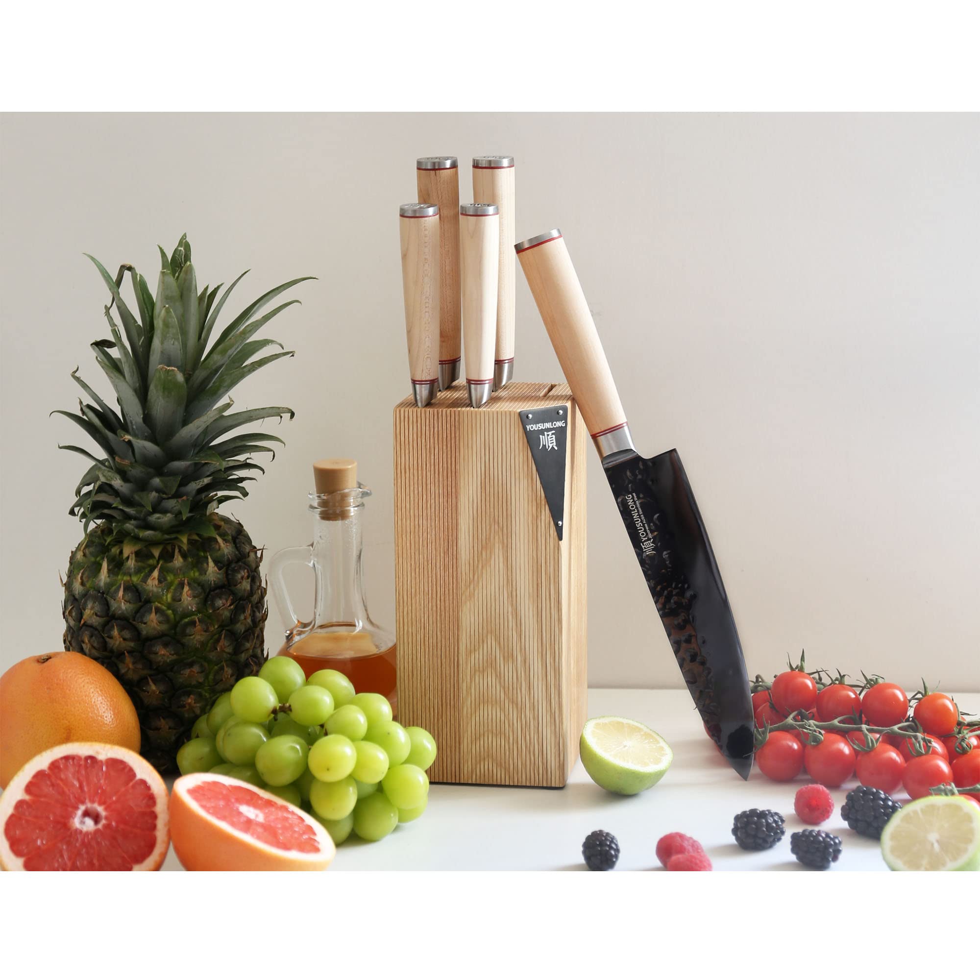 YOUSUNLONG Juego de cuchillos de cocina - 5 piezas - Acero de titanio negro AUS8 japonés - Bloque de cuchillos de madera natural Fraxinus Americana - Mango de arce canadiense