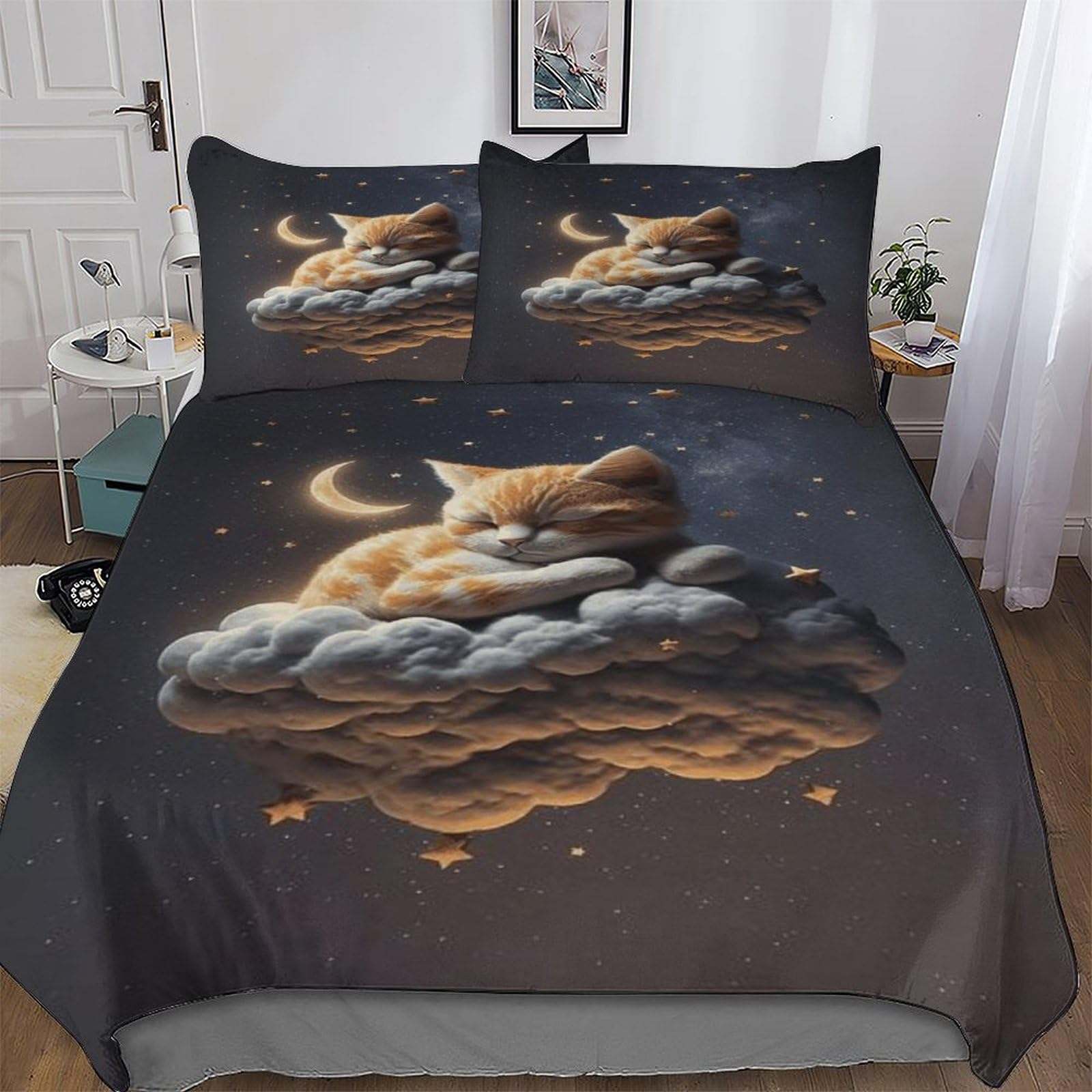 Housse de couette chat mignon King pour literie douce anti-plis facile à laver en microfibre