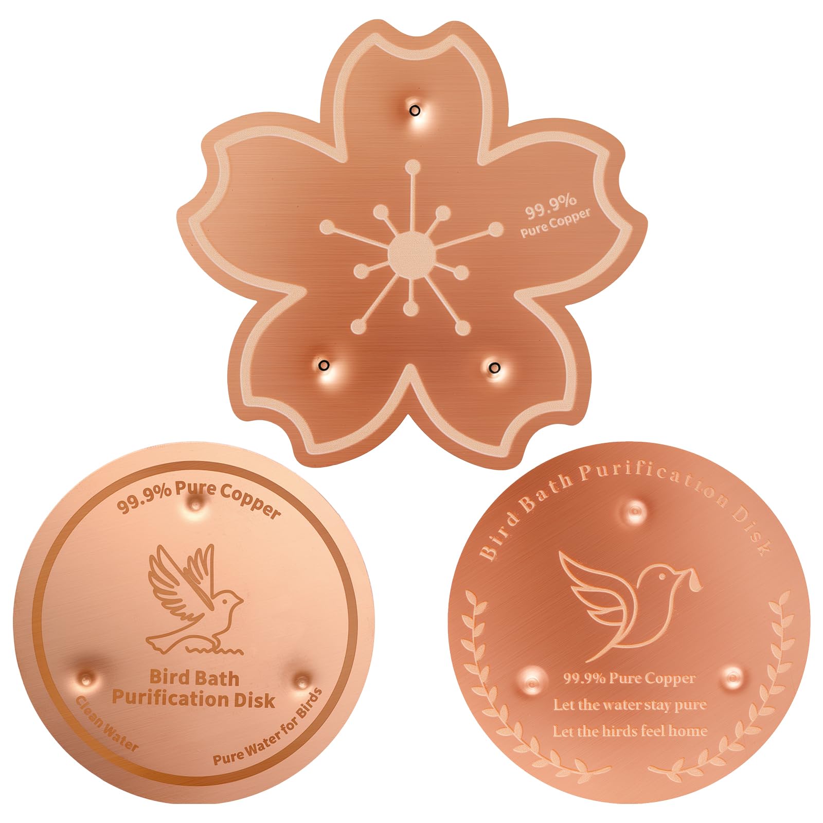 3 Pack Bird Bath Copper Disk,99.9% Pure Copper Purification Discs 9.8cm with 3-Point Support Design Keeps Water Fresh and Reduces Cleaning for Outdoor Garden Birdbaths and Fountains