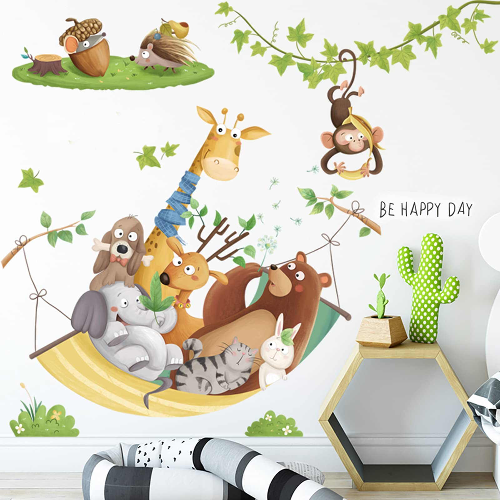 Tropical Green Plant Jungle Animal Wall Stickers, Removable Large Tree Vinyl Wallpaper Decal, DIY Art Murals for Kids Bedroom Nursery Home Decor (B)