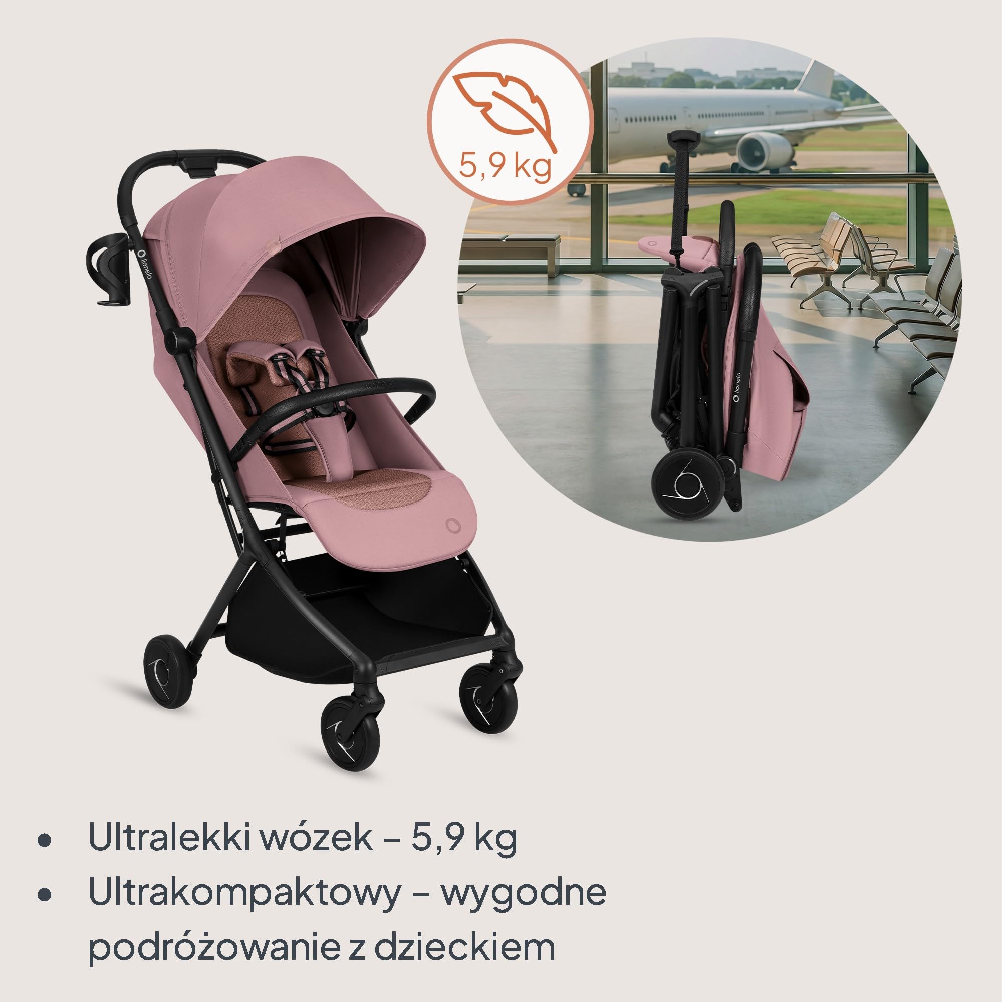 Lionelo Wózek dziecięcy Sia kompaktowy do 22 kg, składany i stojący, lekki 5,9 kg, leżący kaptur XXL UPF50+ wodoodporny, zawieszenie przednie, klamra magnetyczna duży kosz 3 kg