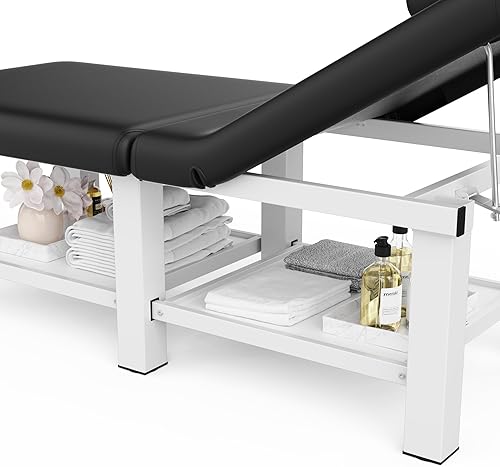 Miniatura 4 de Mesa de masaje estacionaria plegable con respaldo y espacio de almacenamiento, 6 patas cuadradas, marco de metal, piel sintética, 30.5 pulgadas de