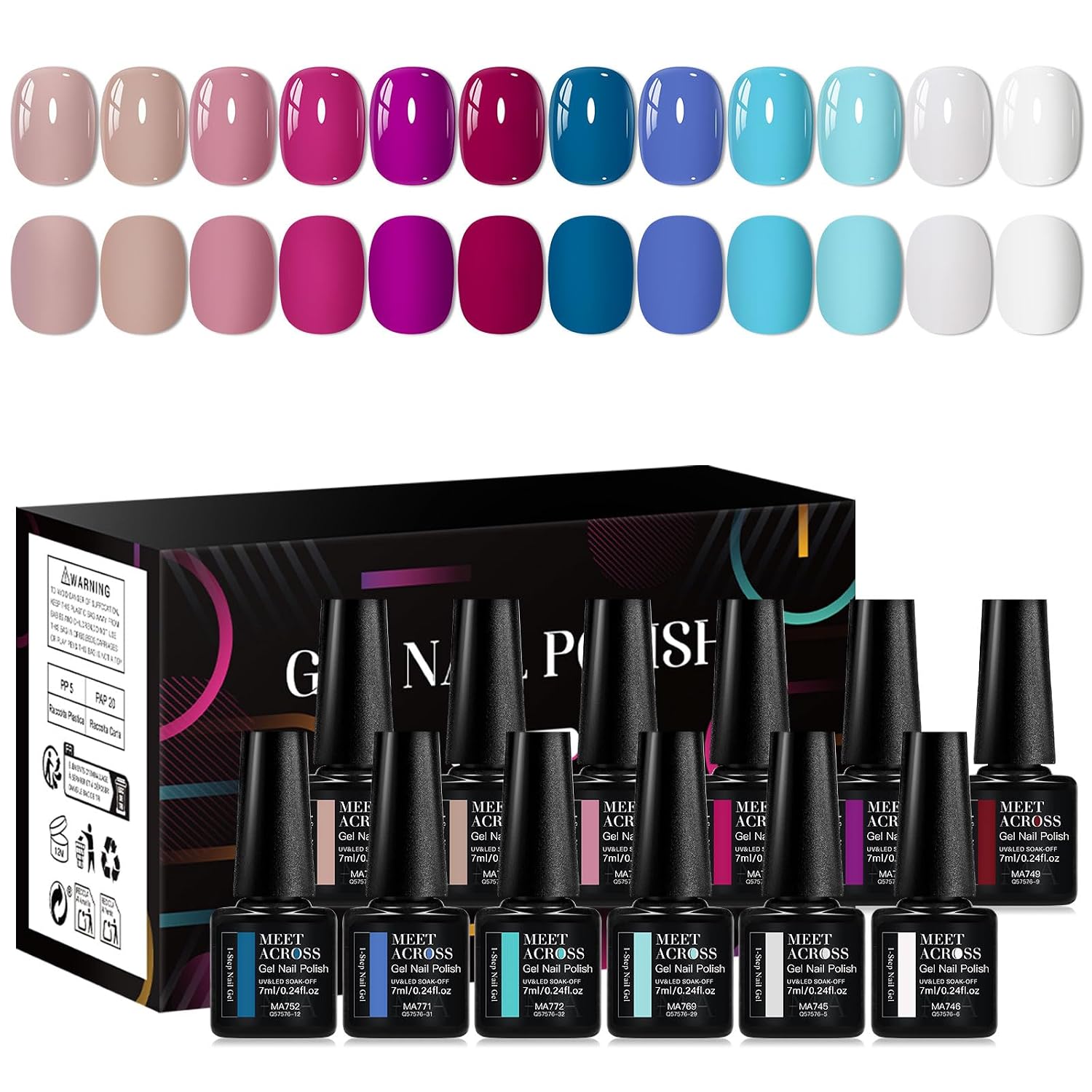 MEET ACROSS 12 Colors One Step Gel Nail Polish Set All-in-One Step Gel Polish Purple Blue Soak Off LED/UV Long Lasting Nail Polish DIY Salon Manicure at Home