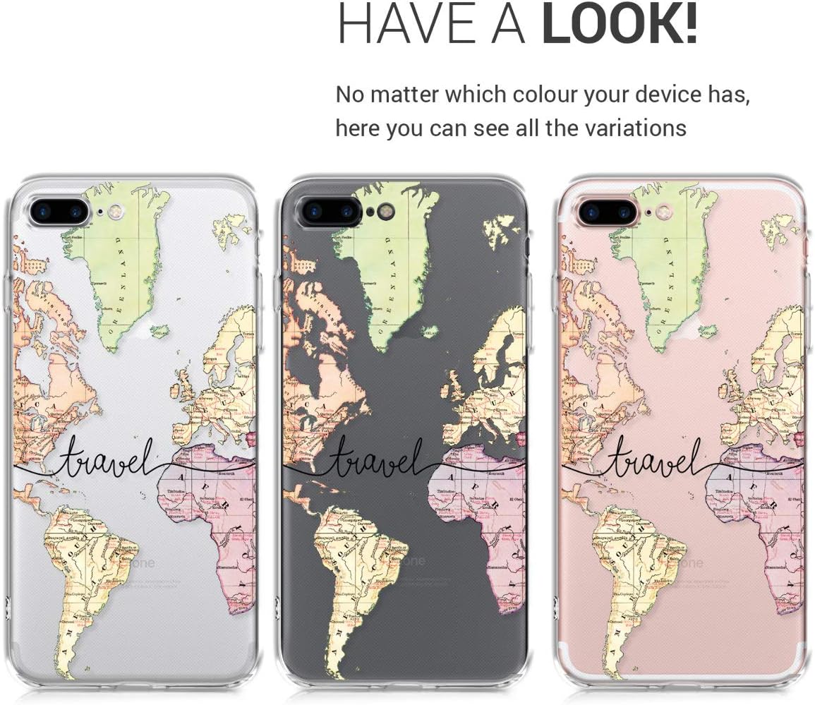 kwmobile Clear Case Compatible with Apple iPhone 7 Plus/iPhone 8 Plus - Phone Case Soft TPU Cover - Travel Black/Multicolor/Transparent