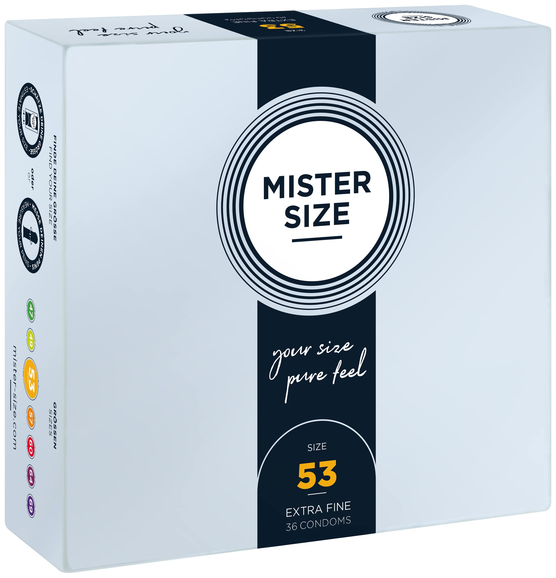 MISTER SIZE Kondome – Extra Dünn & Hauchzart – Gefühlsecht & Extra Feucht – Perfekte Passform – Aus Naturkautschuk-Latex für Natürliches Gefühl & Höchste Sicherheit (36er Pack, 53mm)