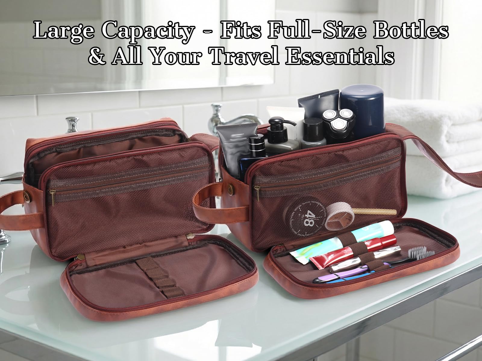 OXYEFEI Regalos personalizados para hombres, bolsa de aseo grande personalizada para hombres, cuero sintético personalizado, impermeable, artículos de aseo para hombre, viaje con kit esencial inicial