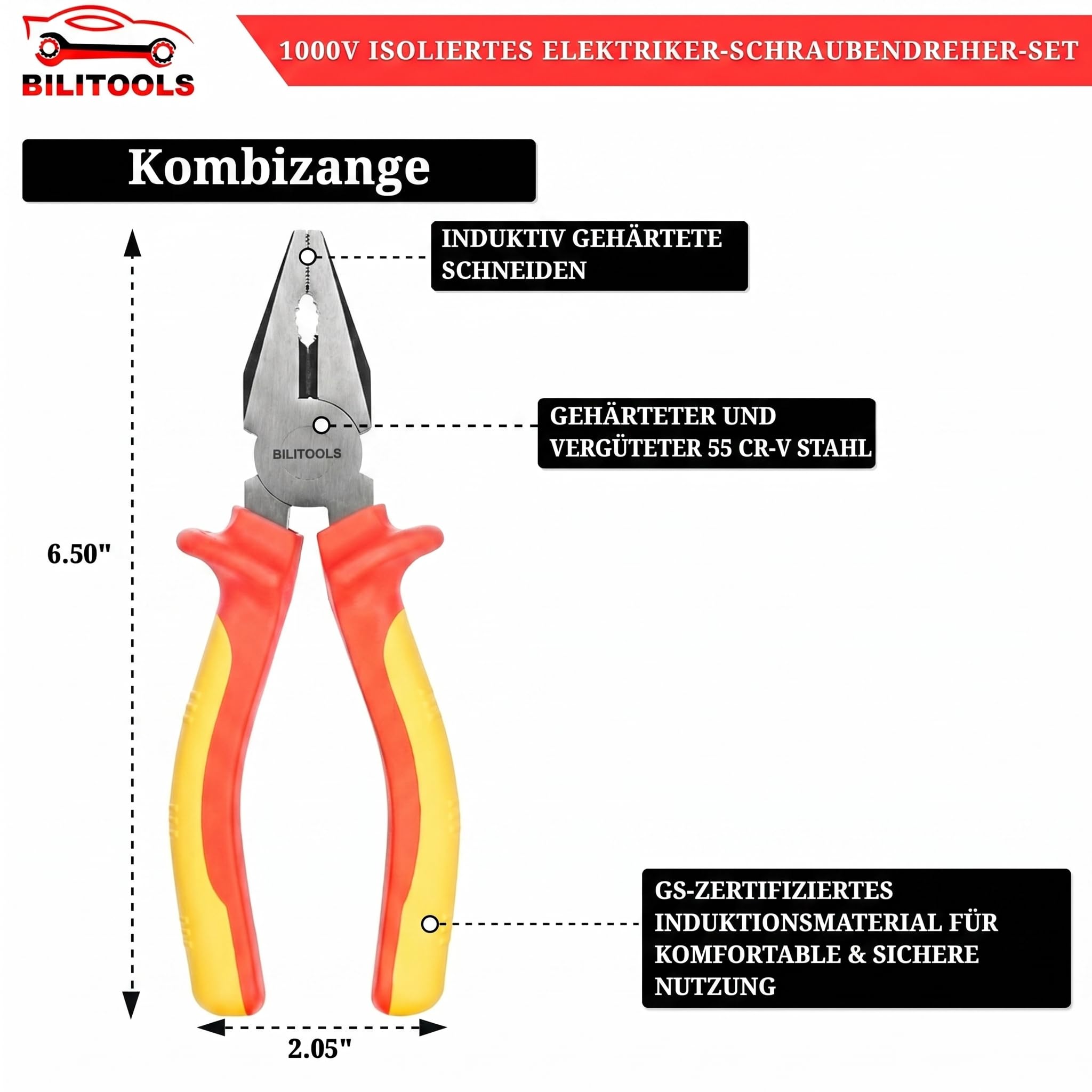 BILITOOLS Elektriker Werkzeug Set 7-tlg 1000V VDE Schraubendreher Zangen | Elektro Werkzeug Set 1000V isoliert, magnetische VDE Schraubenzieher Kreuz/Schlitz, Kombinationszange & Seitenschneider, GS