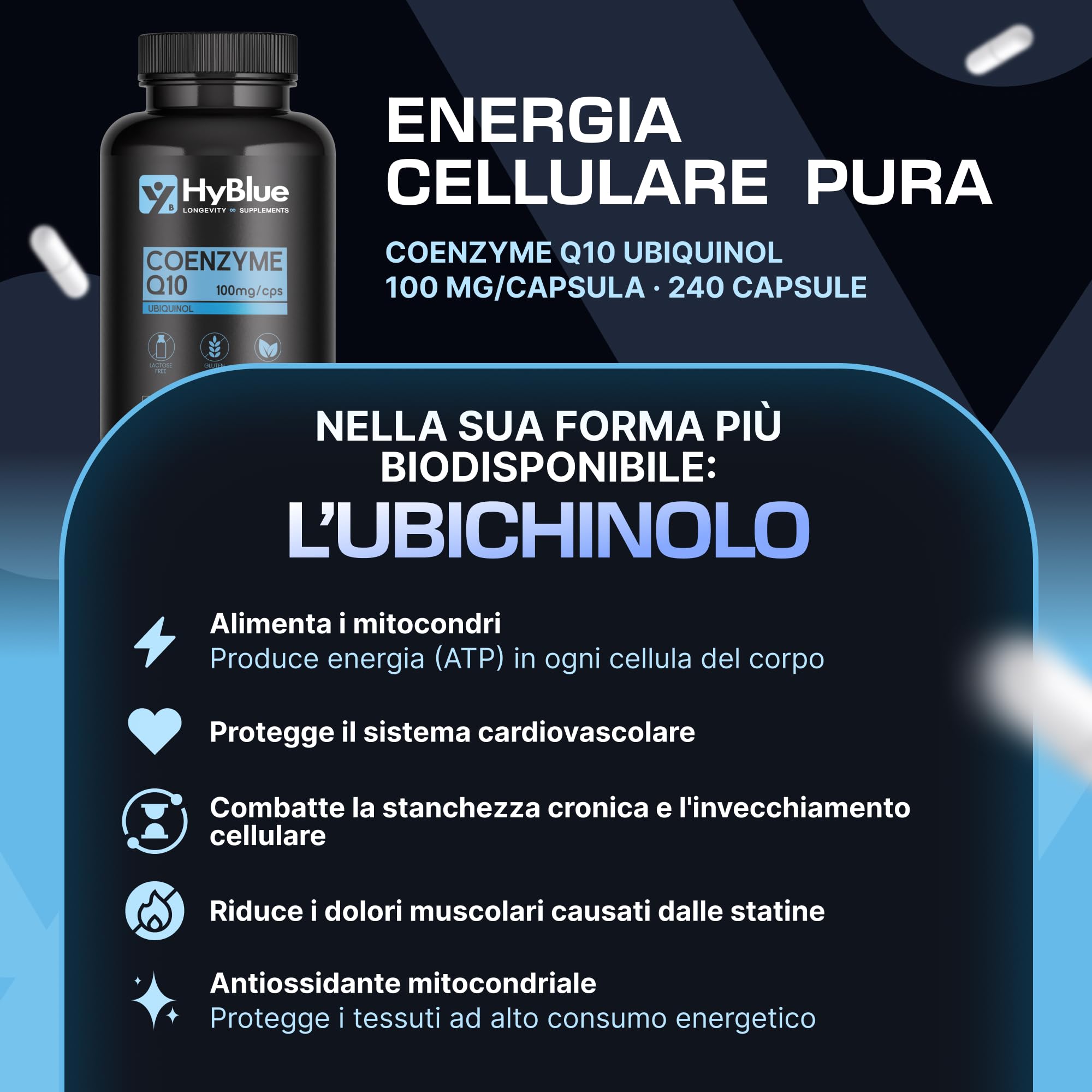 HyBlue Coenzima Q10 Ubichinolo 240 cps, 100 mg | Integratore Ubiquinol Coq10 | Potente Antiossidante per Energia Cellulare e Benessere Cardiaco | Senza Glutine Ne Lattosio, 100% Vegano | Fino 8 Mesi