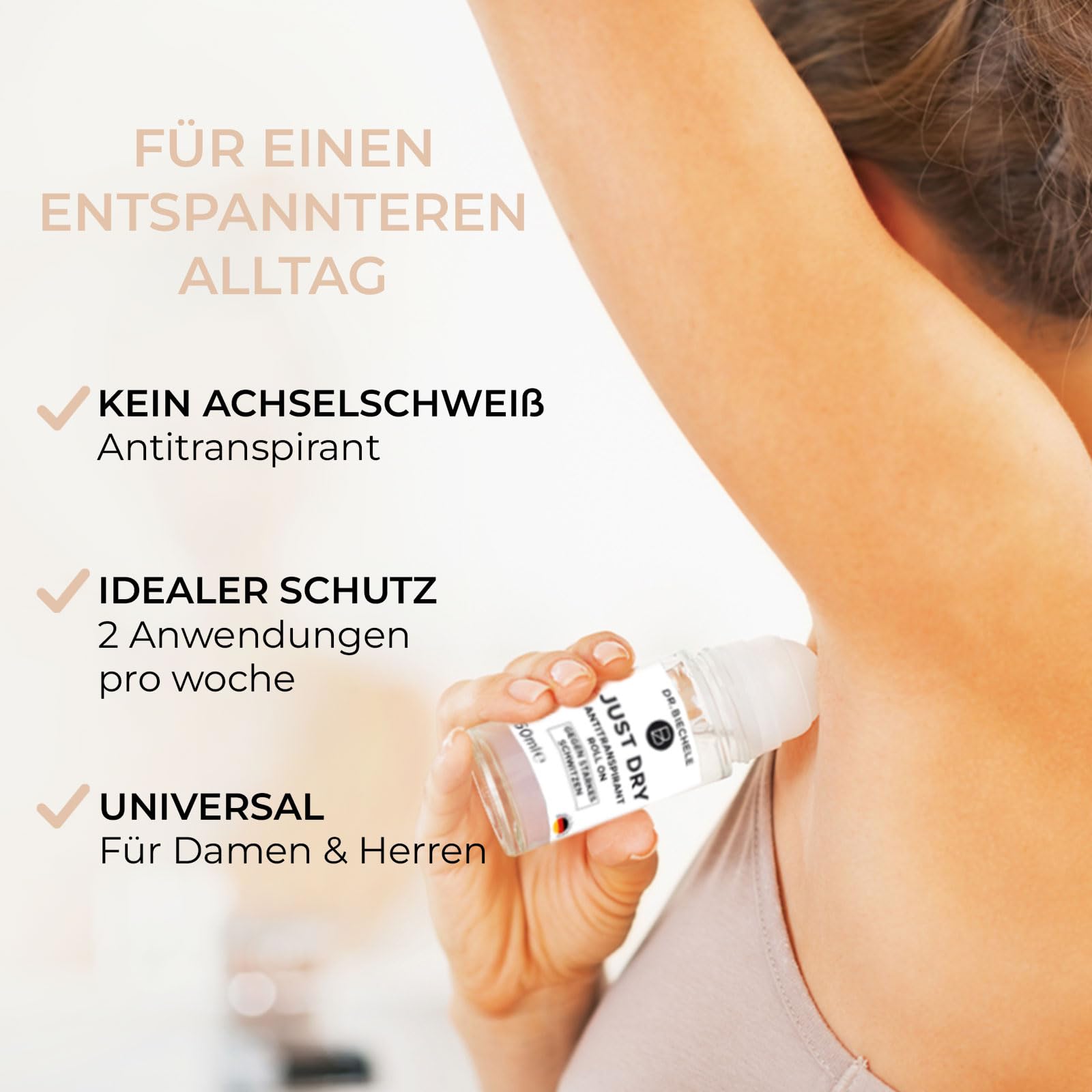 Just Dry Antitranspirant Deo gegen starkes Schwitzen I Anti Schweiß Deo für schwitzige Hände & Achselschweiß I Deoroller für Damen & Herren, Deodorant 50 ml