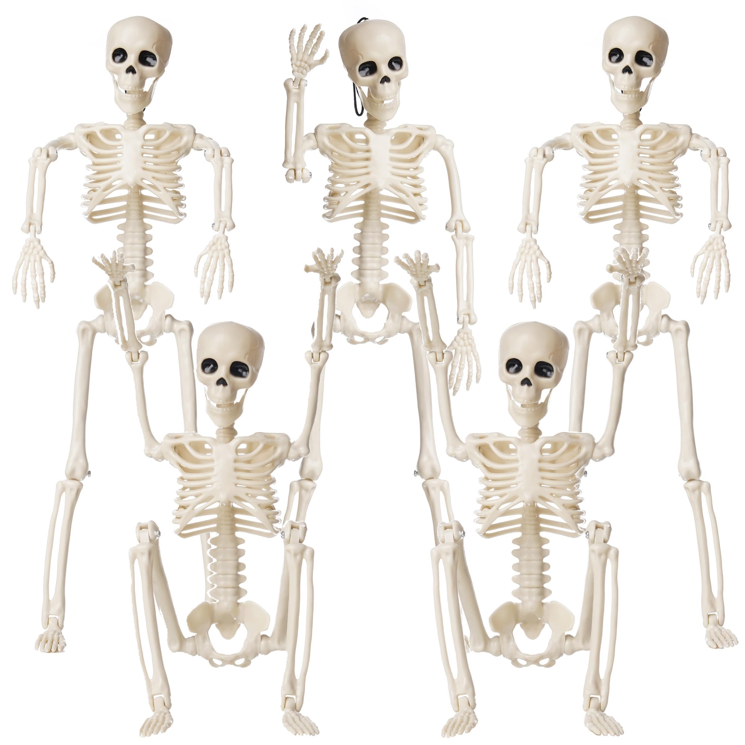 Halloween Skeletons Decorations, 5 Pack 16" Small Skeleton with Full Body Posable Joints - Spooky Scary Plastic Hanging Skeletons for Halloween Decoration Outdoor, Party Decor, Haunted House Props