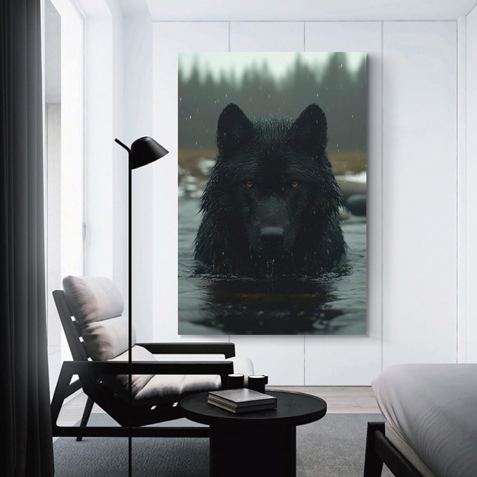 Junmoney Wall Picture Print Black Wolf in Water, 20x30inch(50x75cm), for Apartments, Flats Or New Home Decor, A Simple Refresh for Blank Walls