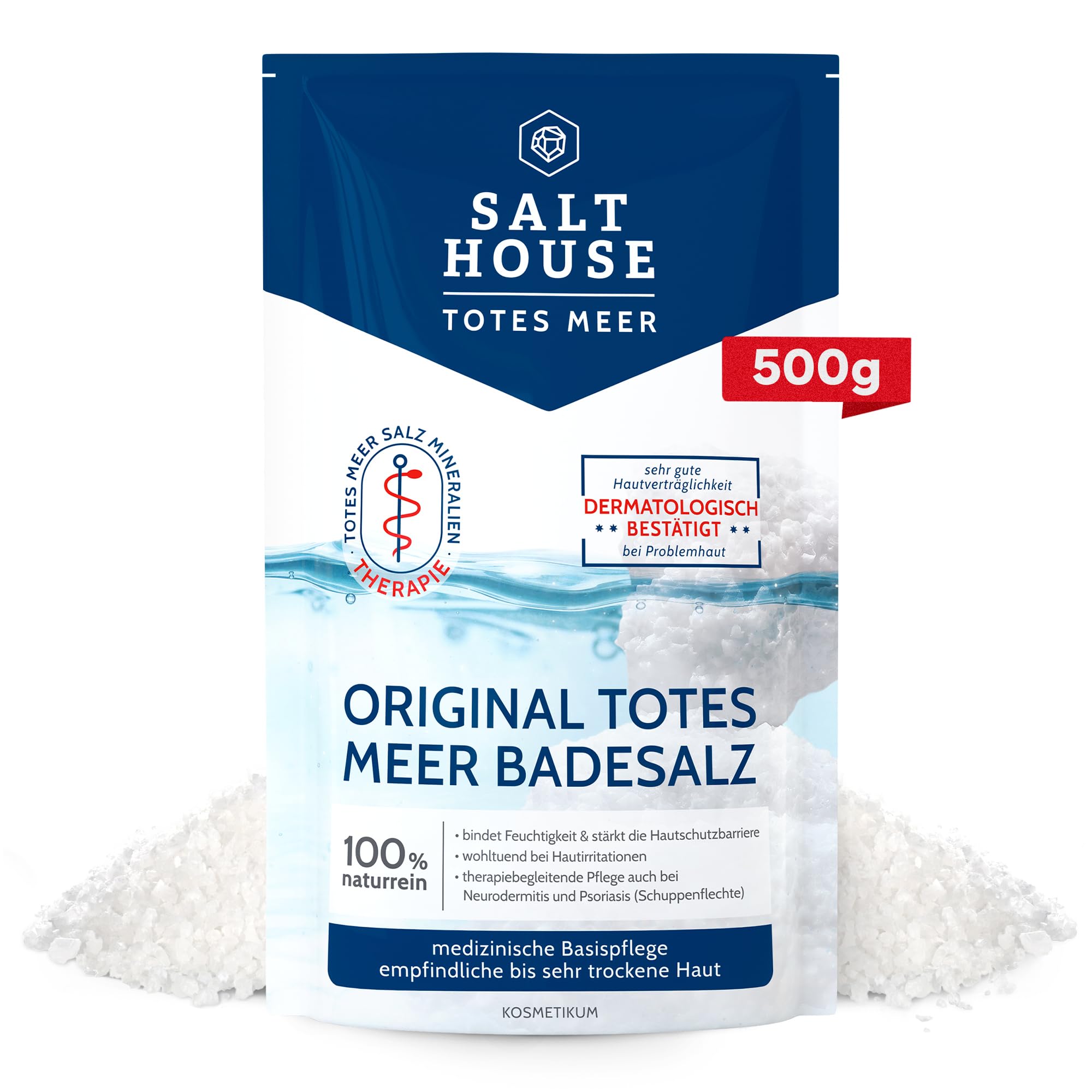 Salthouse Original Totes Meer Badesalz 500g - 100% naturreiner Badezusatz, wohltuend bei Hautirritationen, ideal für empfindliche & trockene Haut, Pflege bei Neurodermitis & Schuppenflechte