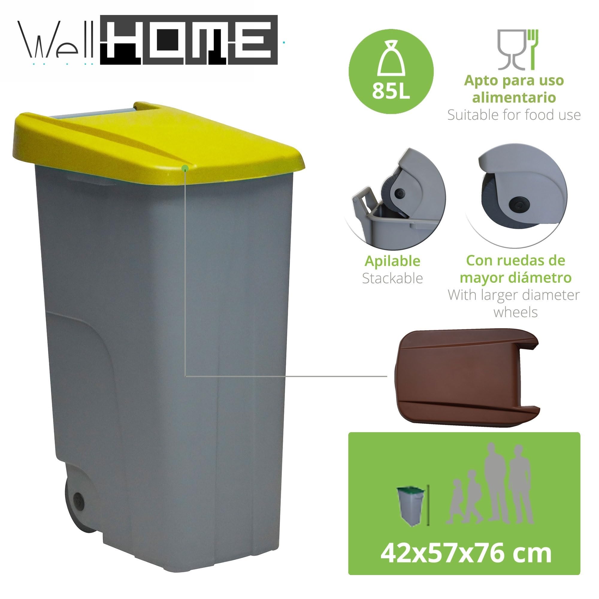 WELL HOME MOBILIARIO & DECORACIÓN Contenedor Cerrado 85L Amarillo H.76cm + Rollo 10 bolsas de basura 100L