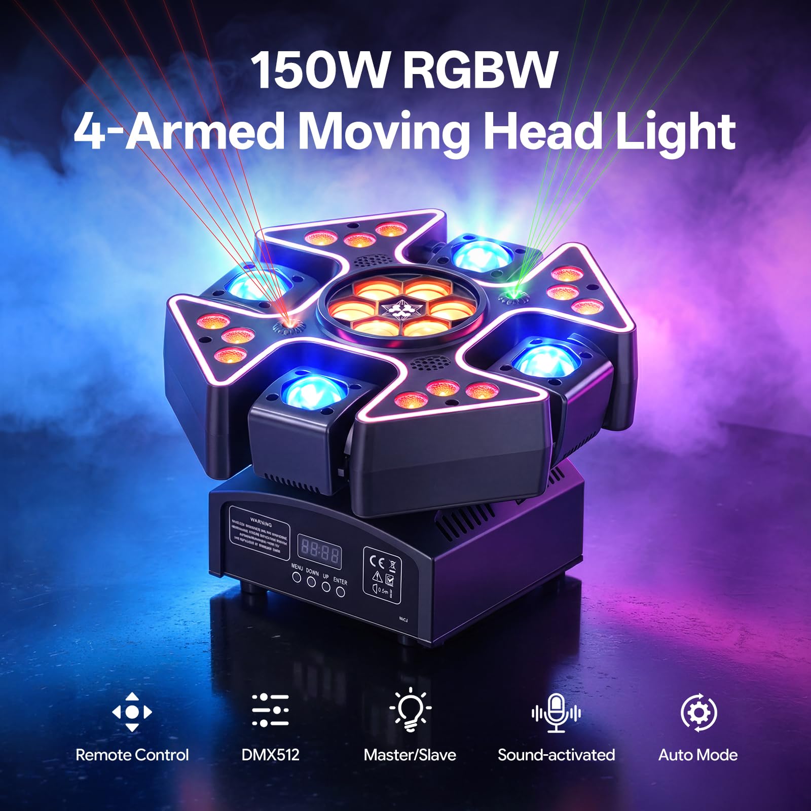 150W Moving Head Bühnenlicht,4-Arm LED RGB Wash Rotating Partylicht Strahl mit Fernbedienung,DMX512 Discolicht Stroboskop Lichteffekte,Beam Stage Lights für DJ Bar Club Hochzeit Halloween