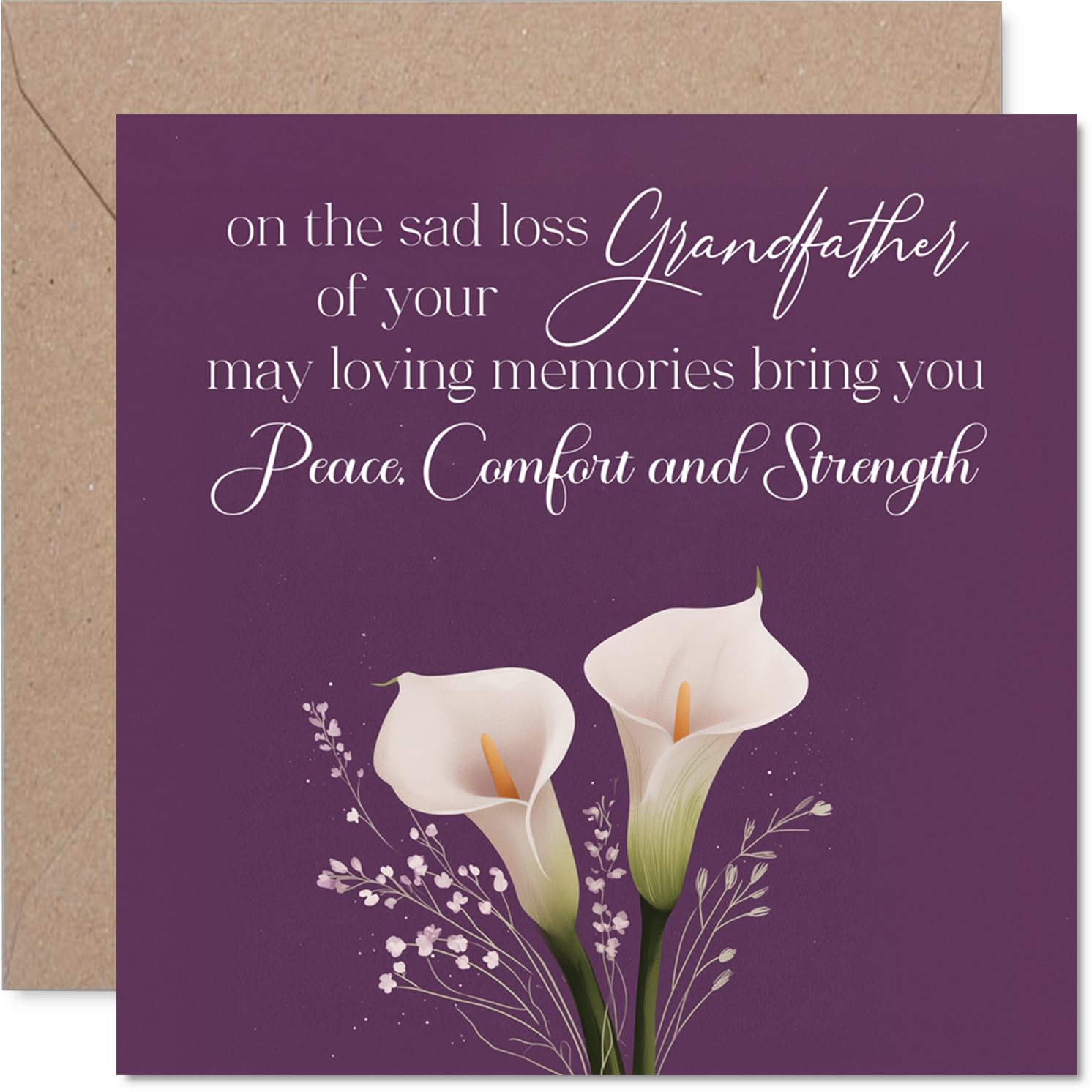 Comforting Sympathy Card - Loss of Grandfather - Gentle Wishes in a Difficult Time - Serene Calla Lilies on a Soft Purple and White Background - 145mm Square, Envelope Included