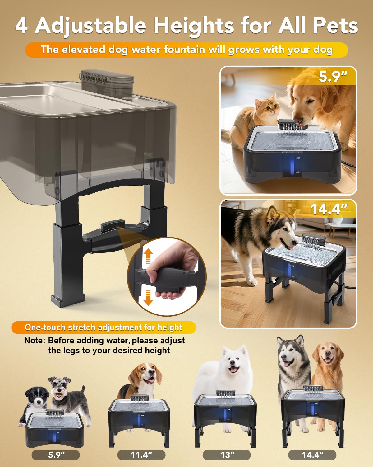 UPSKY Fuente de agua elevada para perros de 8.5 L/2.25 galones, dispensador elevado de 4 alturas ajustables para perros grandes y múltiples mascotas, bandeja de acero inoxidable con bomba ultra