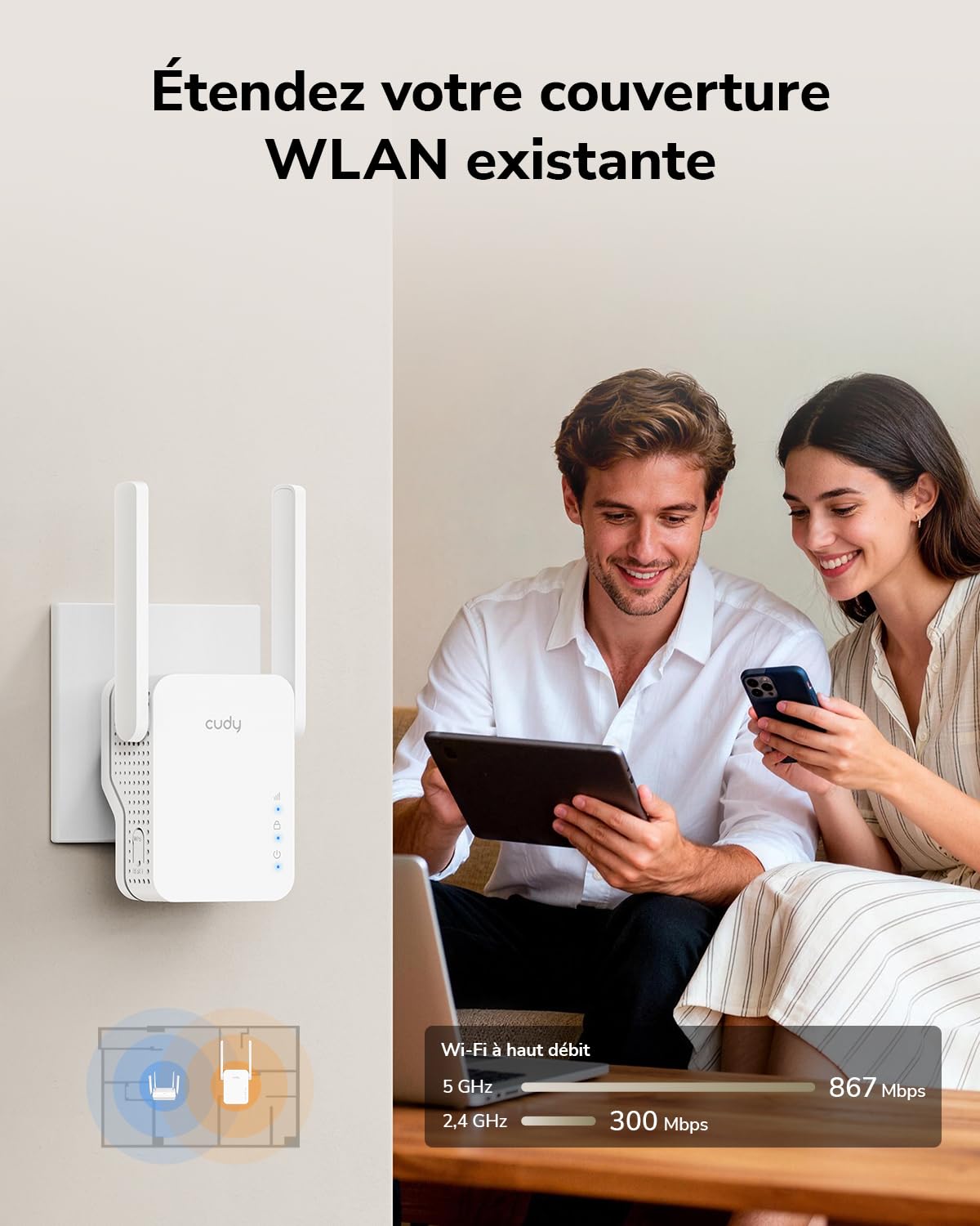 Cudy AC1200 Mesh Répéteur WiFi Mesh1200 Mbps 5 GHz/2,4 GHz, amplificateur WiFi Extendeur avec Prise, indicateur de Signal, antennes internes, Blanc RE1200
