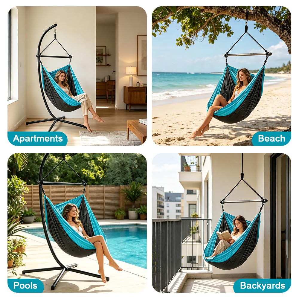 Amaca sospesa, sedia sospesa con capacità di 150 kg, altalena per interni ed esterni con viti di fissaggio, altalena portatile per campeggio, viaggi, escursionismo, tenda e portico (celeste)