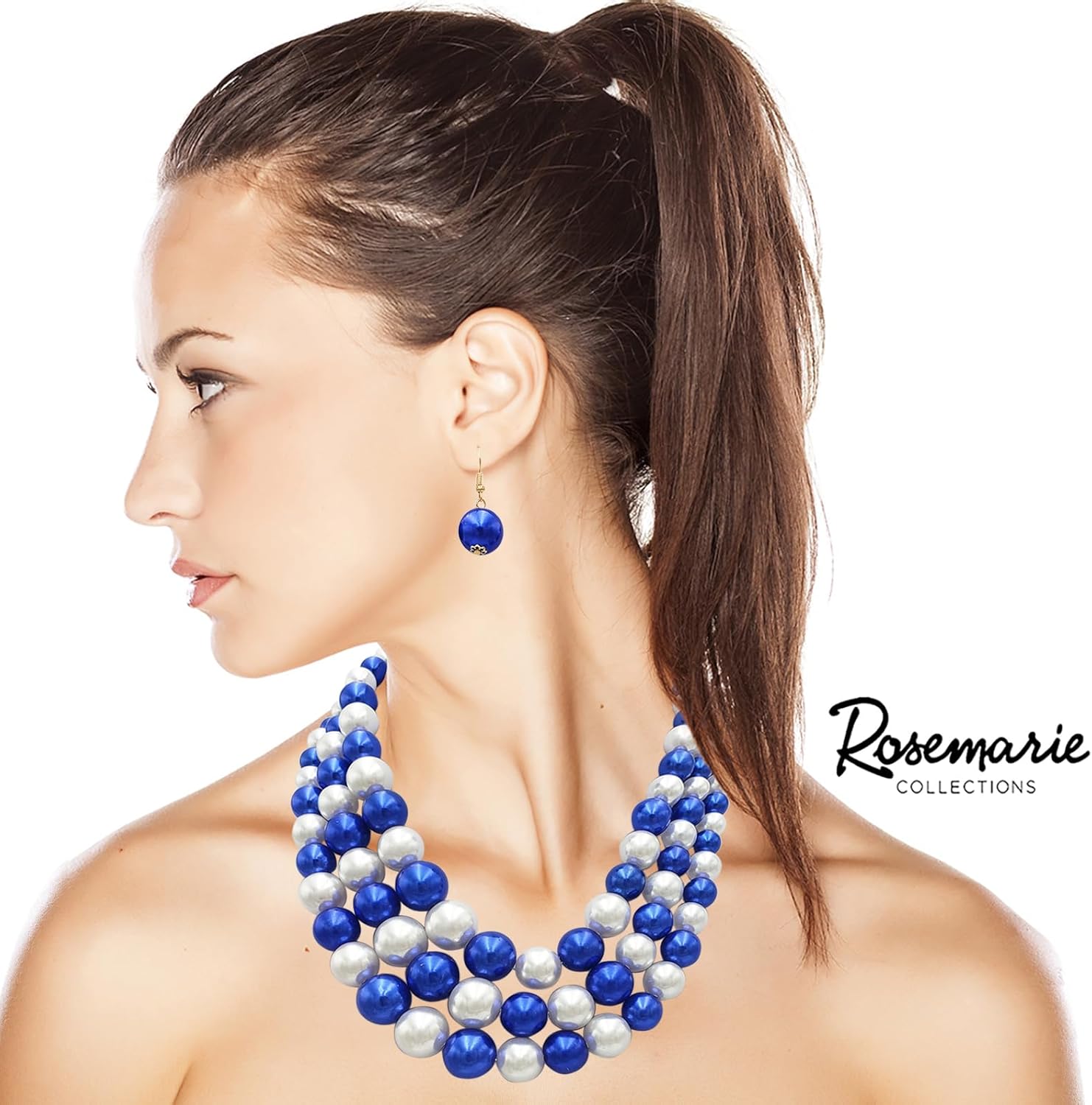Rosemarie & Jubalee Women's 3 Colorful Multi Strands Simulated Pearl Necklace And Earrings Jewelry Gift Set, 18"+3" Extender (Blue White Mix Silver Tone)