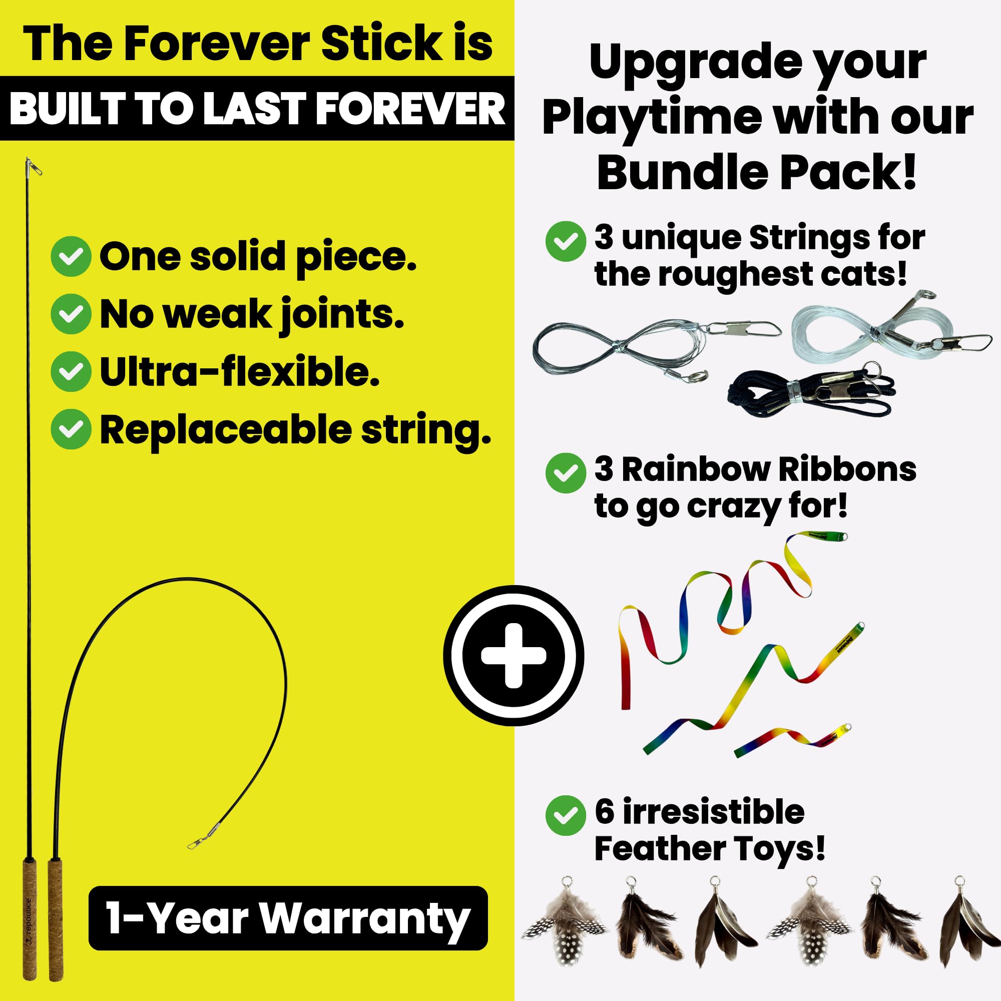 Forever Stick - Paquete de juguetes para gatos – El juguete irrompible para gatos con cuerdas de varita extra para gatos, cintas arcoíris y 6 juguetes de plumas, paquete de juguetes de