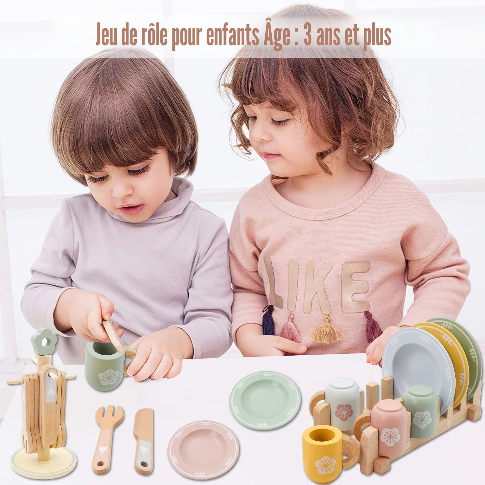Jouets de Cuisine en Bois, Jeu de Vaisselle de Cuisine de Jouet en Bois Aolkee, Accessoires pour Tout-Petit Enfant, Jeu de rôle pour Enfants