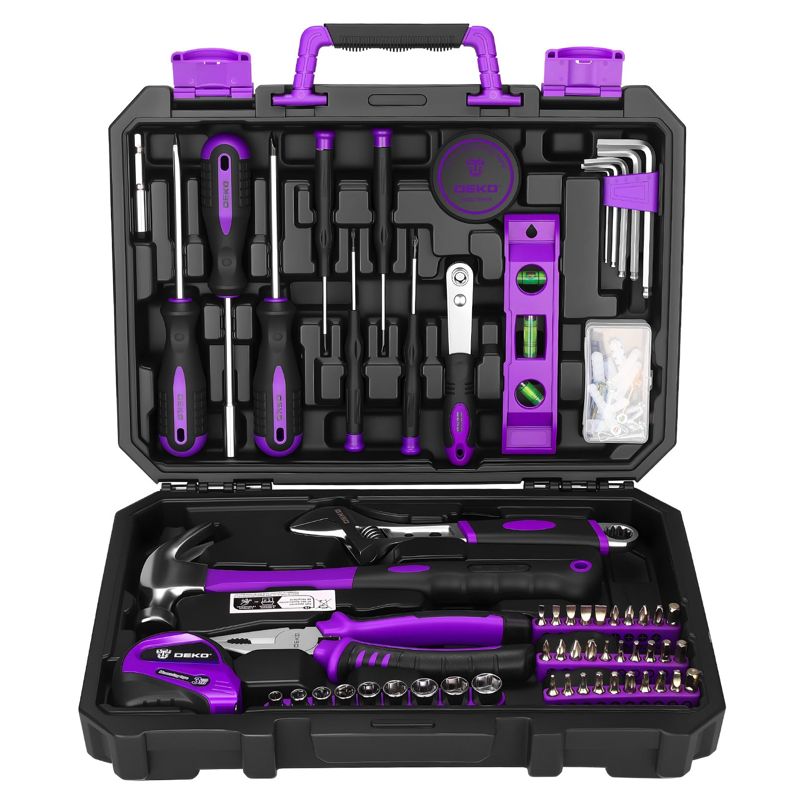 DEKO 100 Piece Tool Kit Complete Home Tool Set with Claw Hammer, Djustable Wrench, Combination Pliers, Screwdriver Set, Tape Measure - Basic Household Repair Toolbox for DIY Projects(Purple)