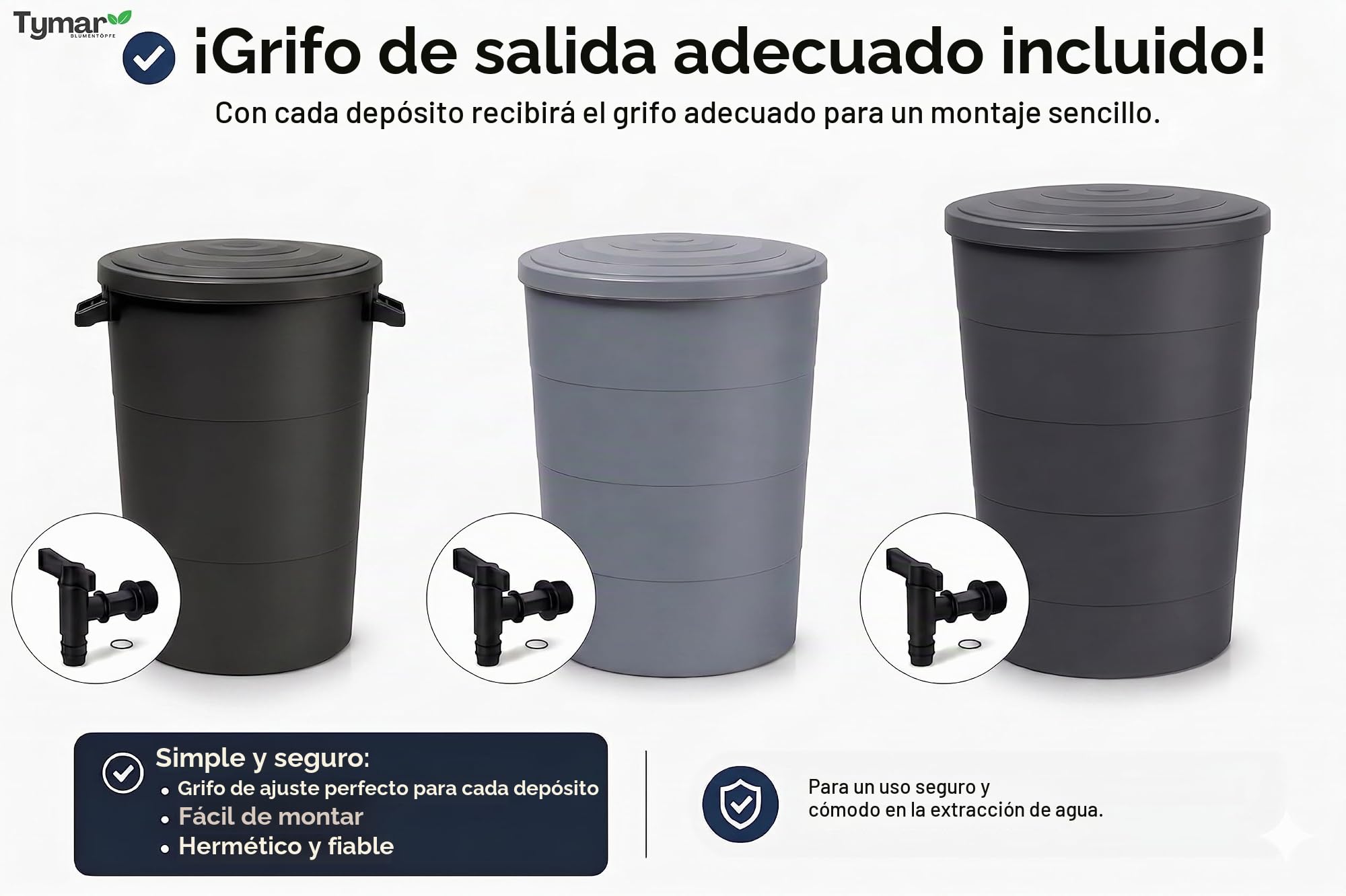 Tymar IDSM - Depósito de agua para lluvia (200 L, con grifo, depósito de agua de lluvia para jardín y balcón, diámetro 60 x 107 cm)