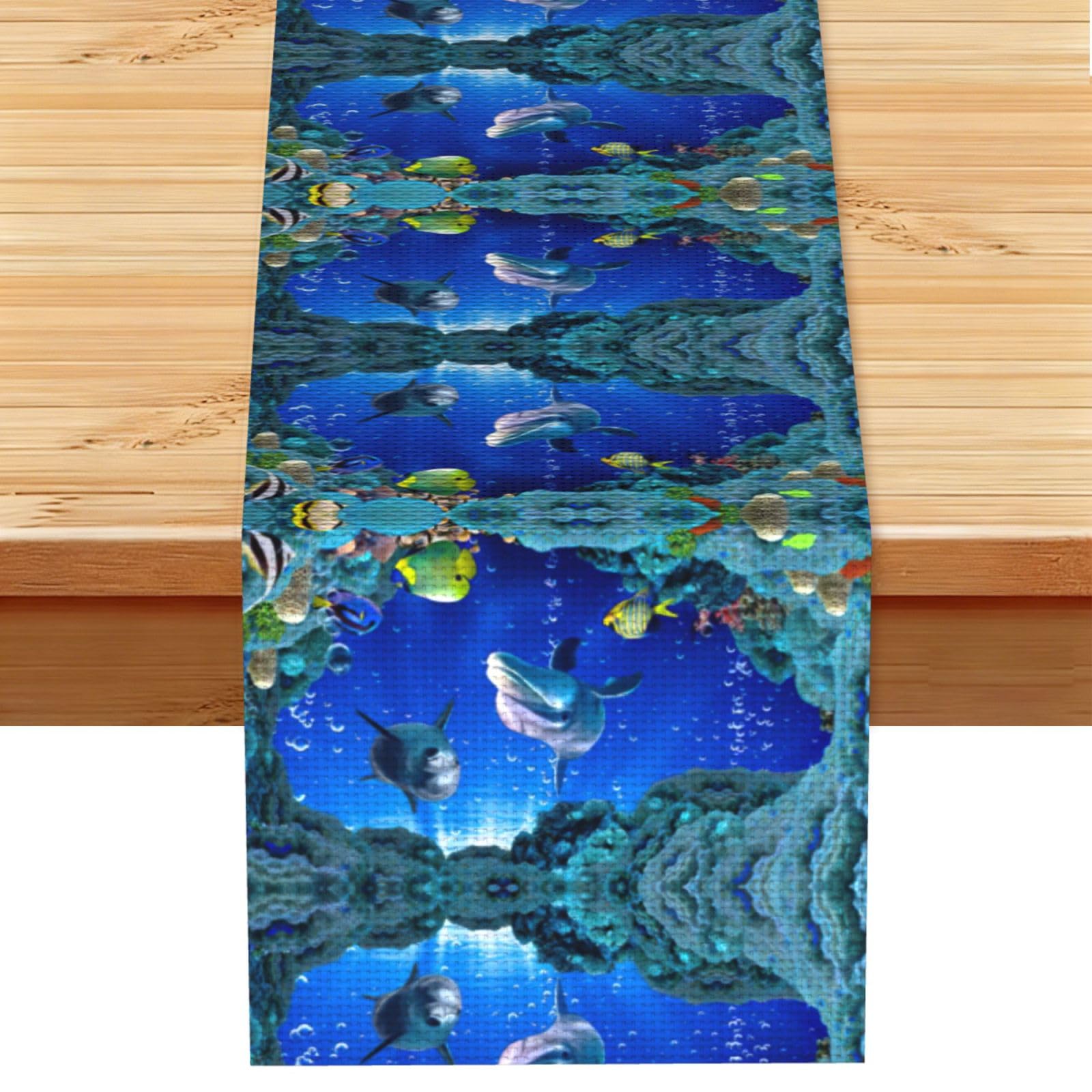 3D Underwater world fish dolphi Printed Dining Table Runner 13x72 Inch, Non-Fading Decor for Kitchen Dresser Fireplace Mantel