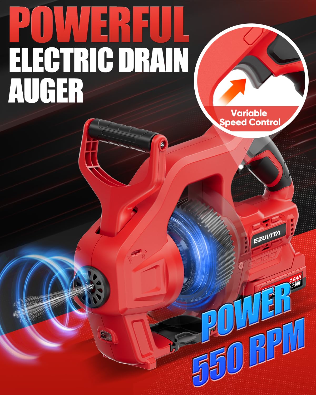 Furet Déboucheur de Canalisation 20V, Tarière de Drainage à Arbre Flexible 7,7m, Adapté au Diamètre du Tuyau 20-50mm, Convient pour Déboucher les Toilettes, les Égouts et les Salles de Bains