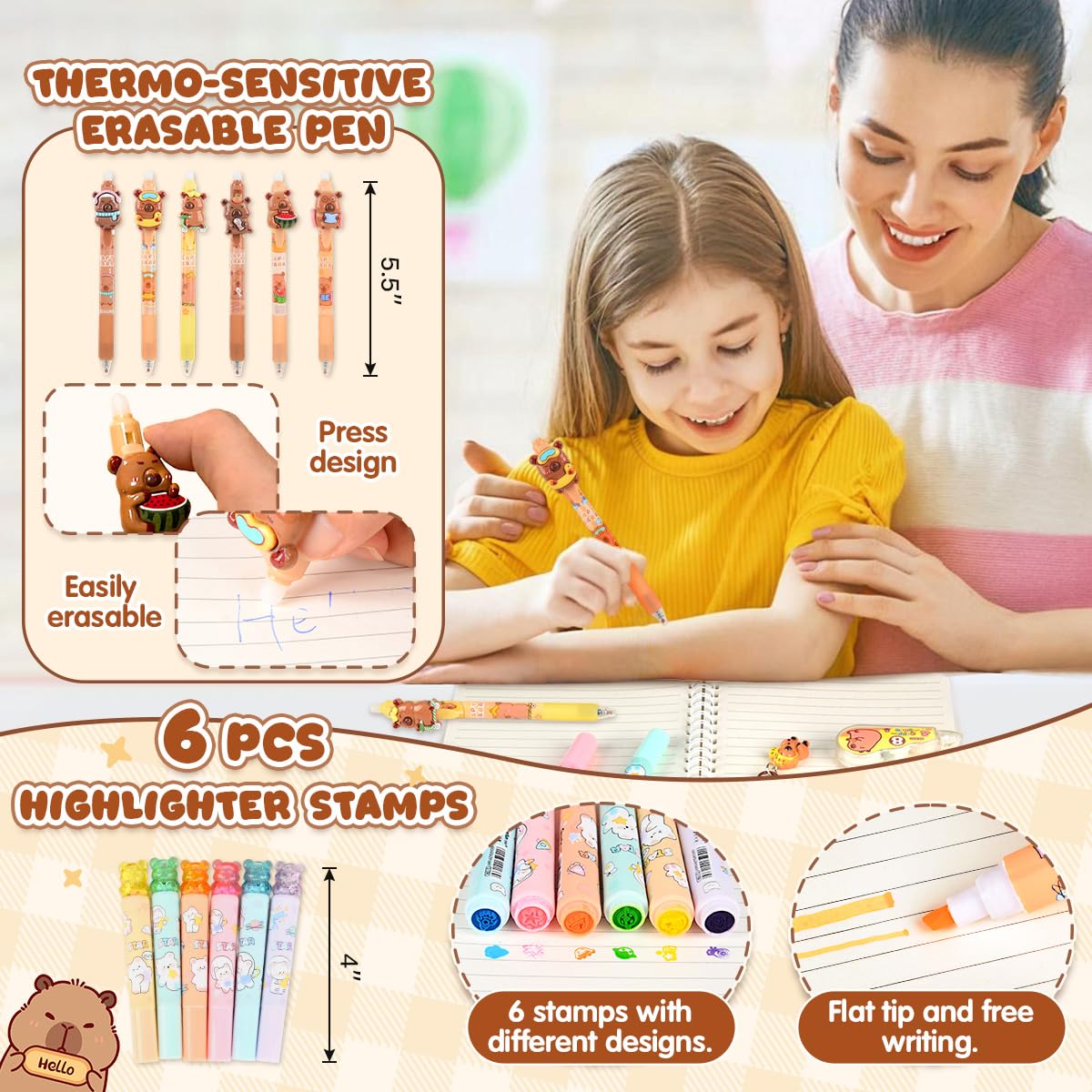 Papeterie Capybara Trousse Grande Capacité Stylo Effacables Carnets Notes Règle Dessin Signets Porte-Monnaie Fourniture Scolaire