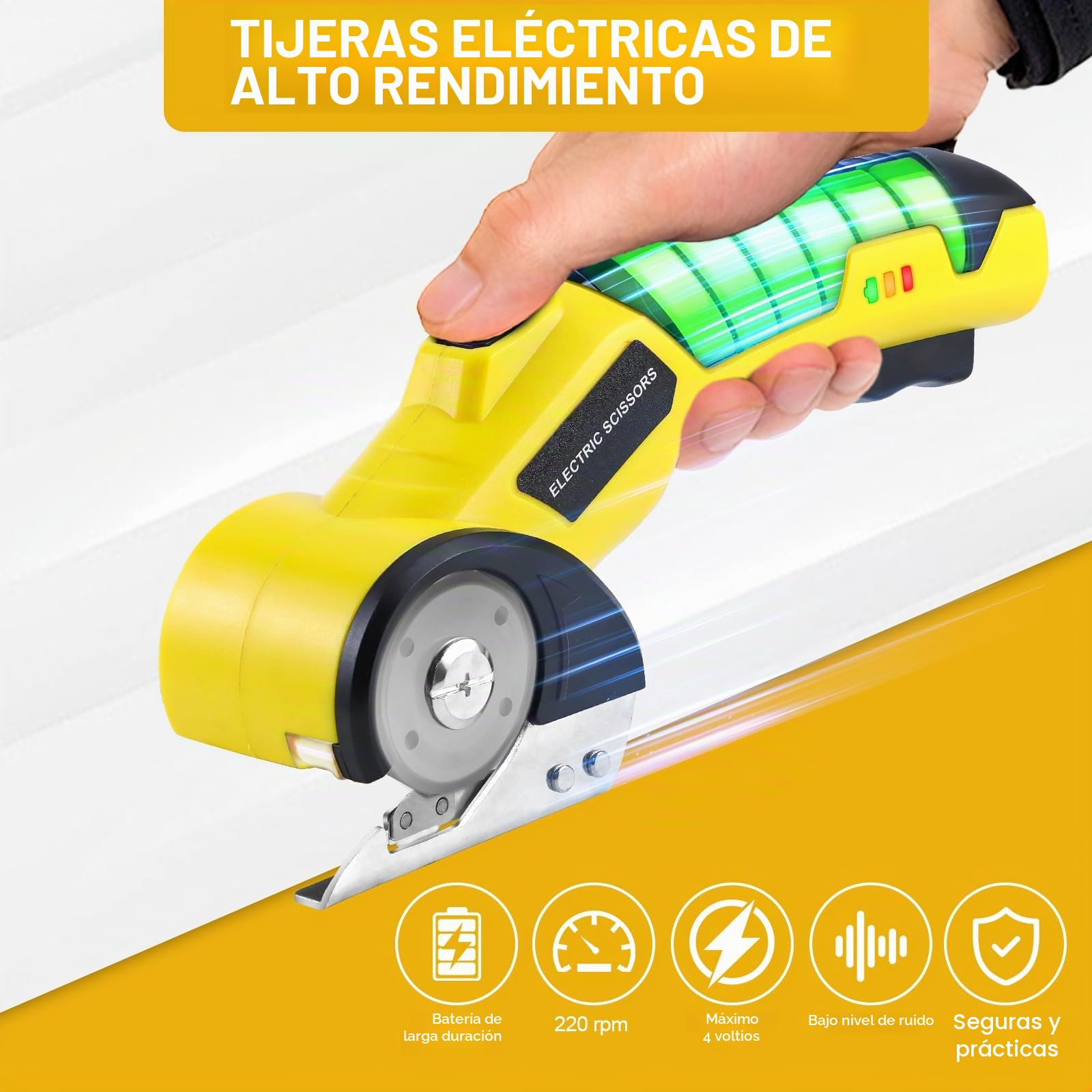 Tijeras Eléctricas Inalámbrico, Cúter Rotativo Eléctrico con Bloqueo de Seguridad, Tijeras Electricas Carton, Herramienta de Corte 4V Cortador de Cartón Recargable para Tela Alfombra Cuero