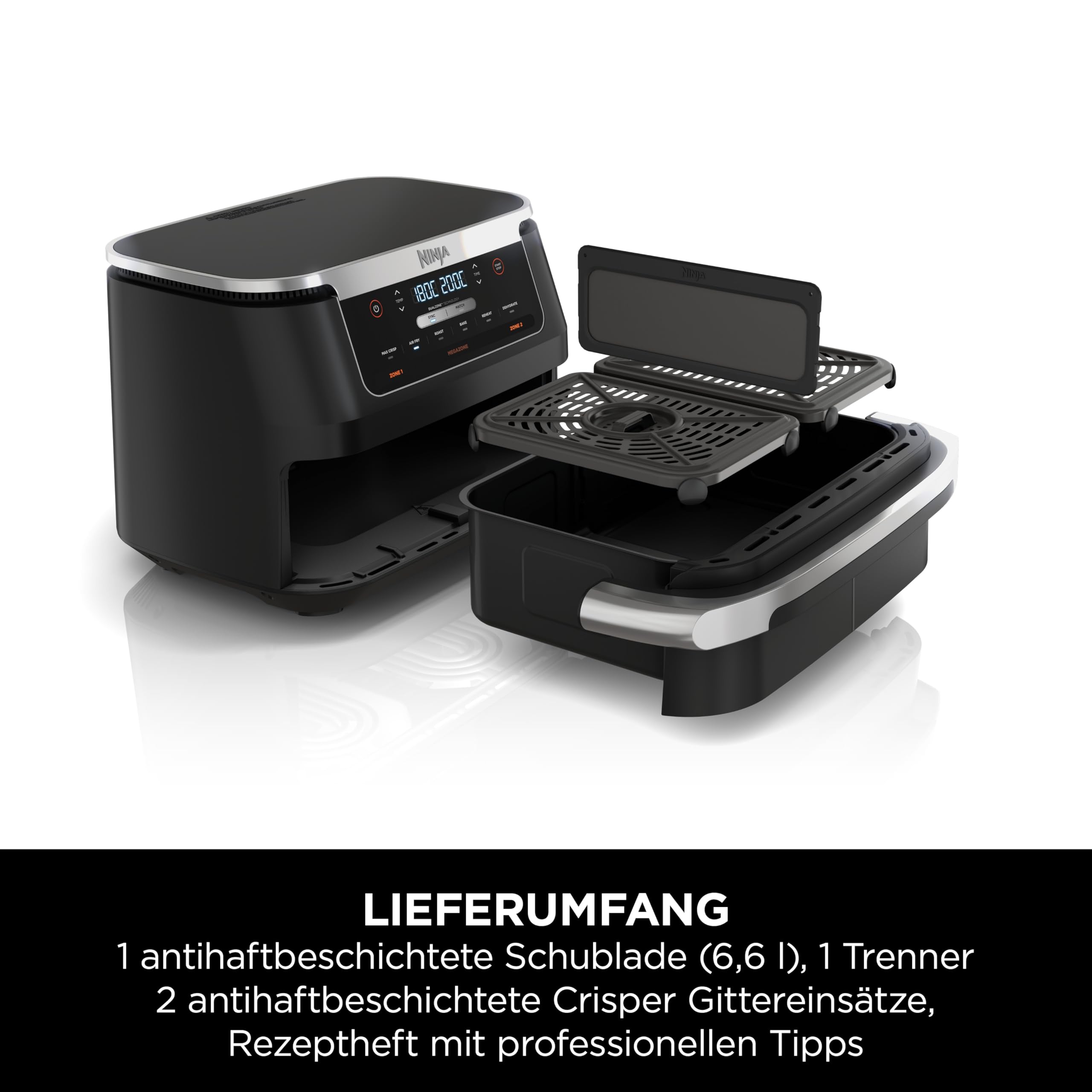 Ninja FlexDrawer Heißluftfritteuse (6 Liter), Schwarz. Dual Zone Air Fryer, große Schublade, 6-in-1, ohne Öl, heißluft-frittieren, braten, backen, Max Crisp, Antihaft spülmaschinenfeste Teile, AF550EU