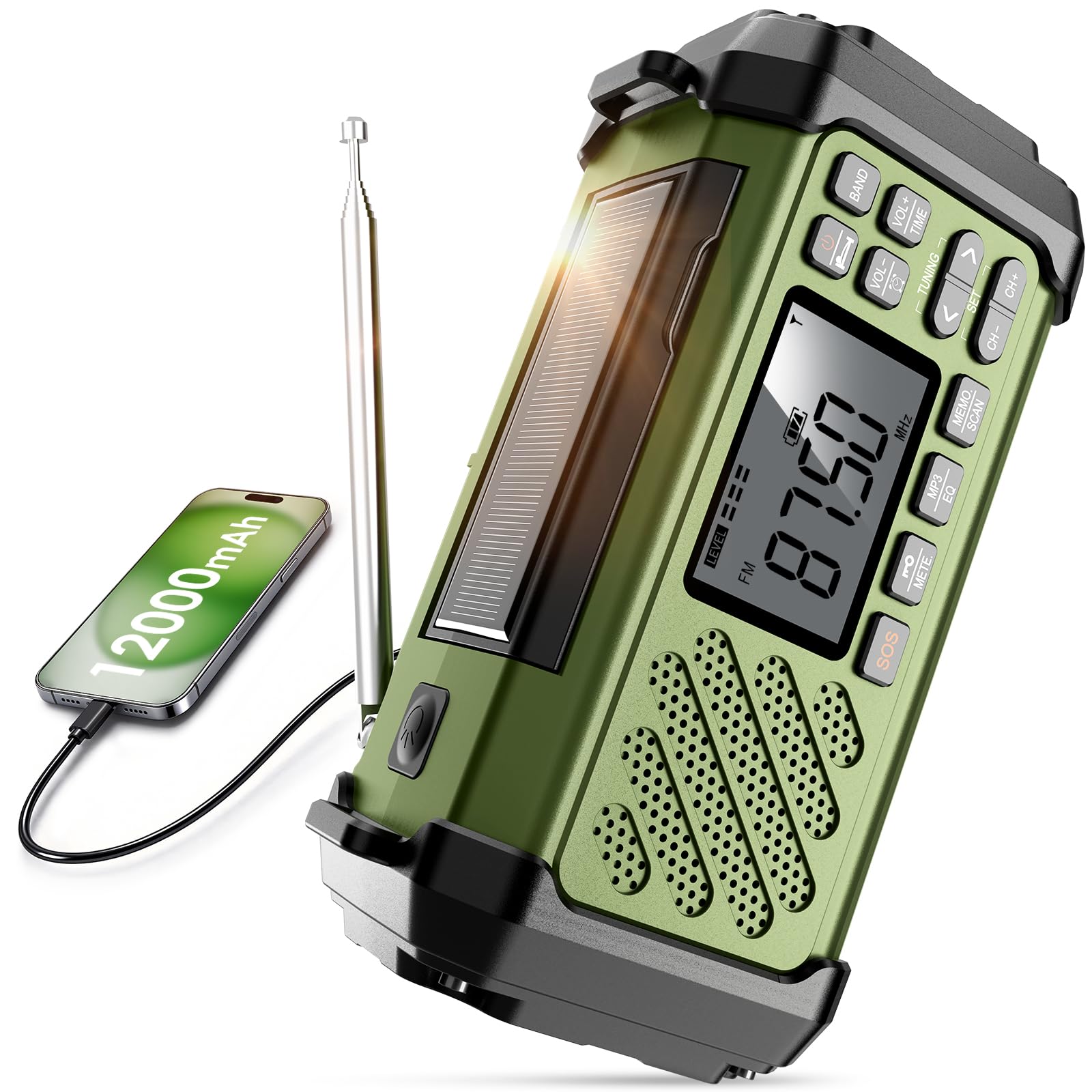 Vikeri Kurbelradio 12000mAh, Notfallradio mit Kurbel und Solar mit AM/FM/SW, LED Camping Licht,SOS Alarm,Kompass, USB-C Handyladung, Tragbare Radio mit Tragegurt für Notfall (Grün)