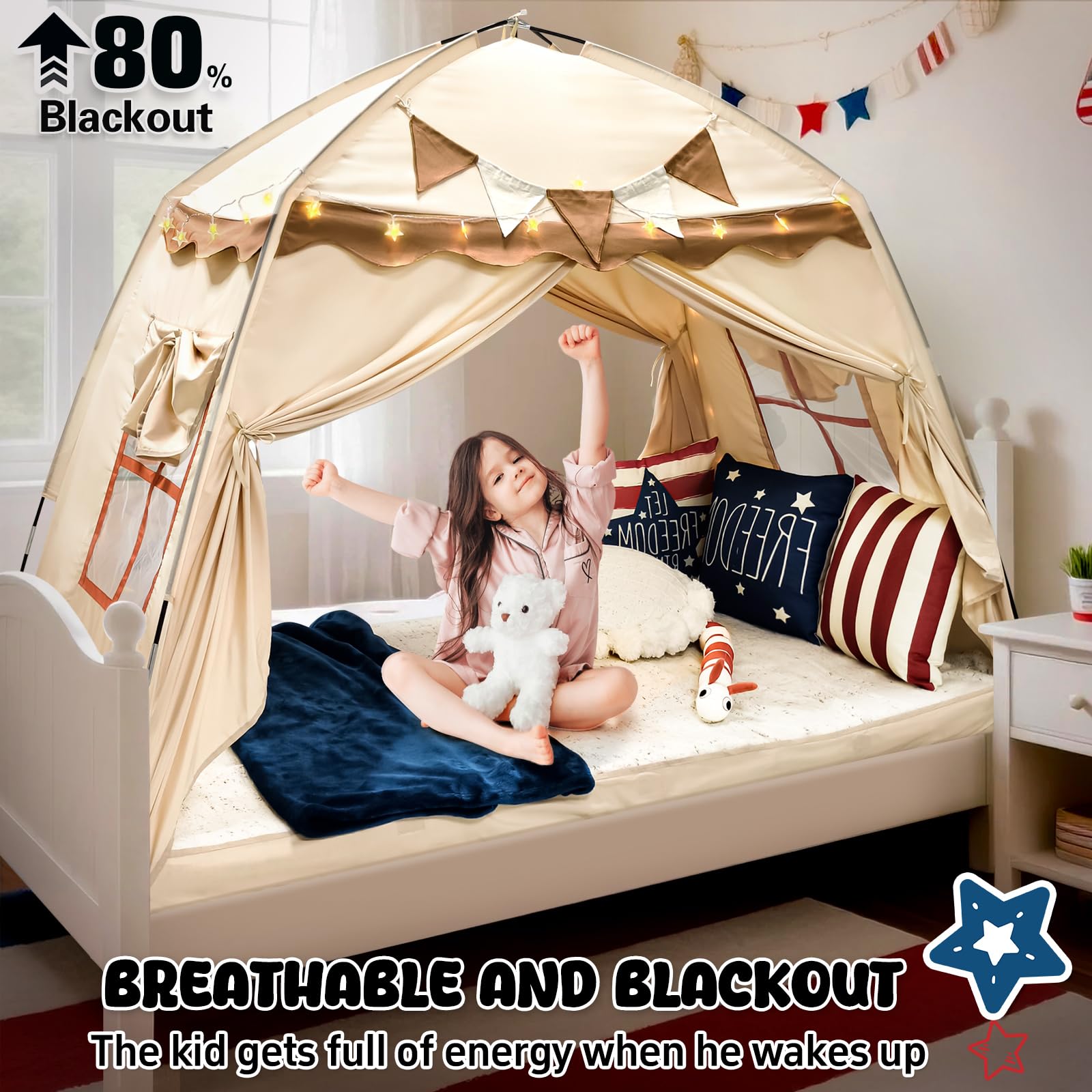 RIYDH Kids Bed Tent Canopy Twin with String Light 80% Blackout Portable Breathable Privacy Dream Tent, Indoor Camping Sleeping Tents for Girls Boys Play Original Design Drafty Cottage Room Floor Use