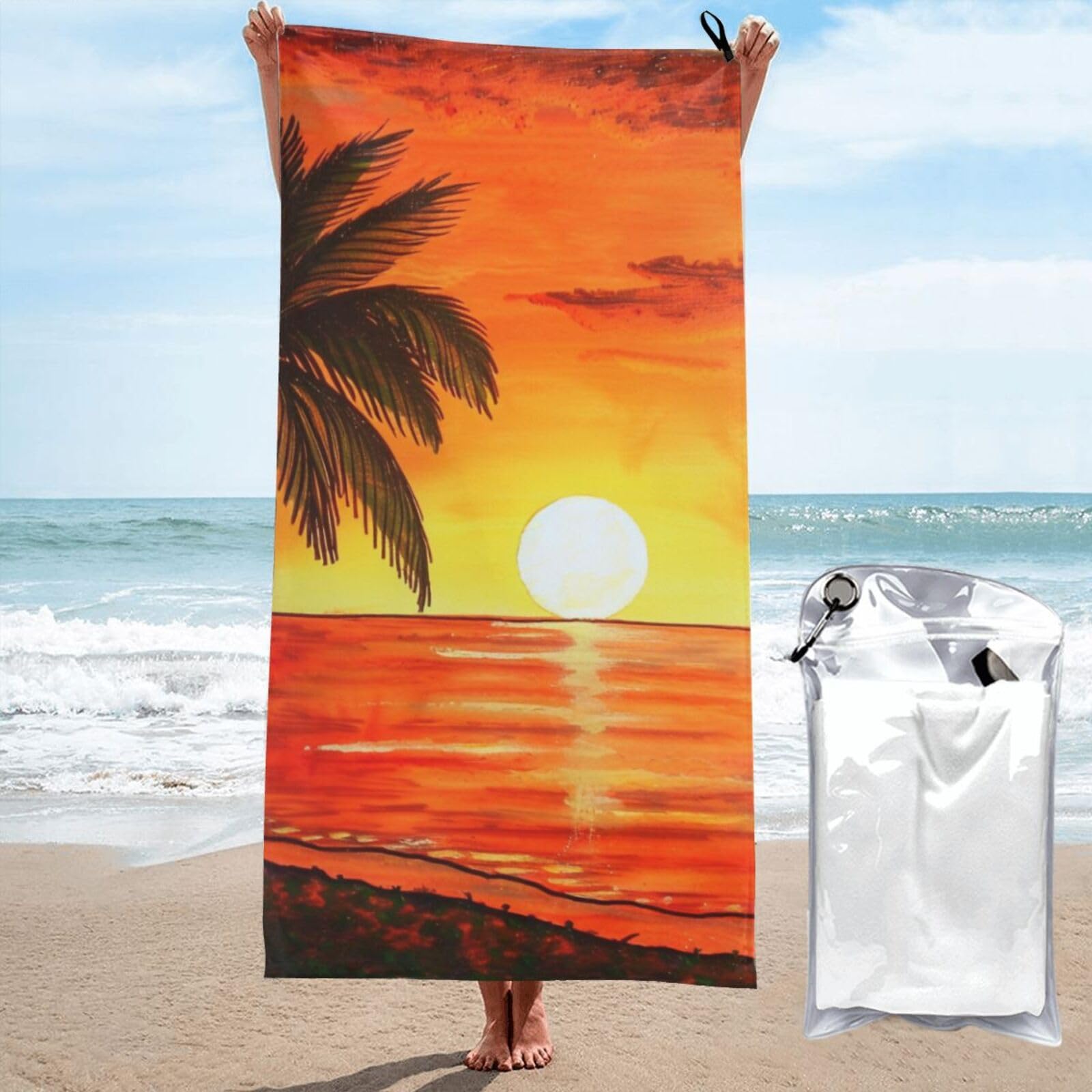 kkvhhyuo Microfiber Beach Towel, sunset palm tree Printed Lightweight Quick Dry Travel Bath Sheet with Compact Carry Bag for Swimming Yoga Camping Gym,31.5"x63"