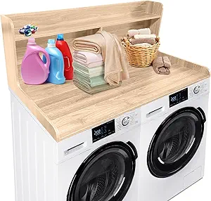 GarveeHome 2-Tier Washer Dryer Countertop, Wood Laundry Countertop with 2.75" H Edge Rails, Waterproof Washer Dryer Cover with Anti-Slip Pads for Laundry Room Organization and Storage