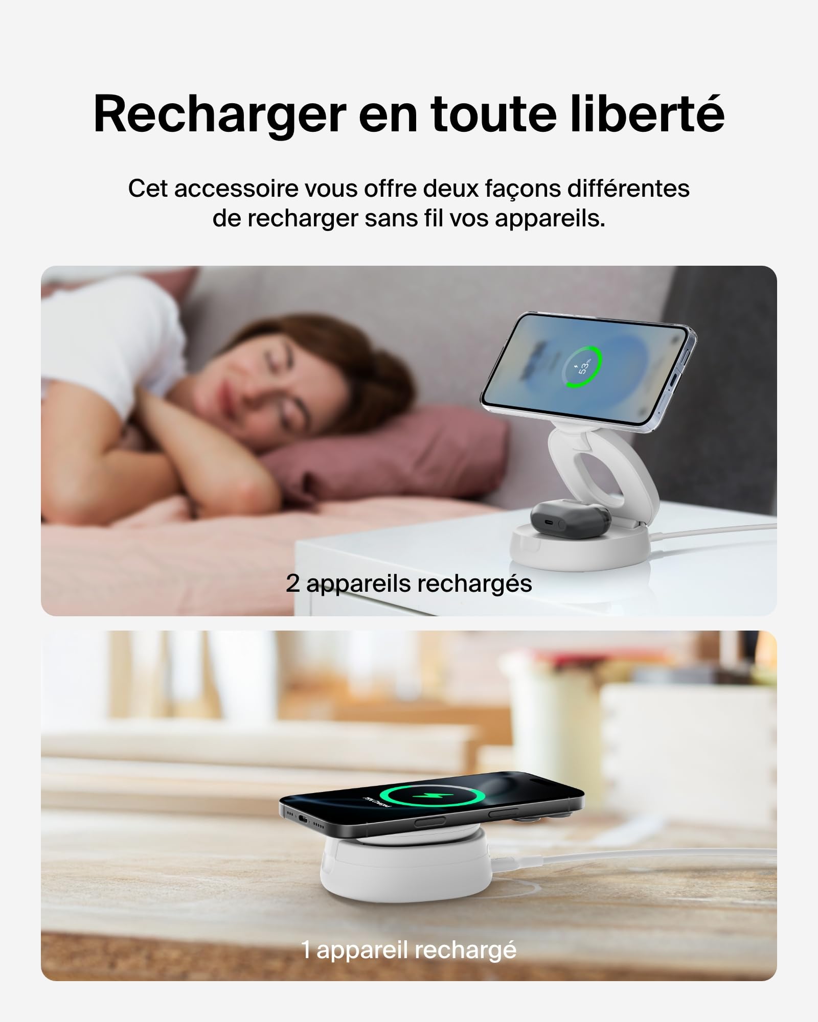 Belkin BoostCharge Chargeur 2-en-1 aimanté et Pliable, Station de Recharge Compatible MagSafe, certifié Qi2, 15 W, pour iPhone 17, iPhone Air, AirPods, Pixelsnap, Adaptateur 30 W Inclus - Blanc