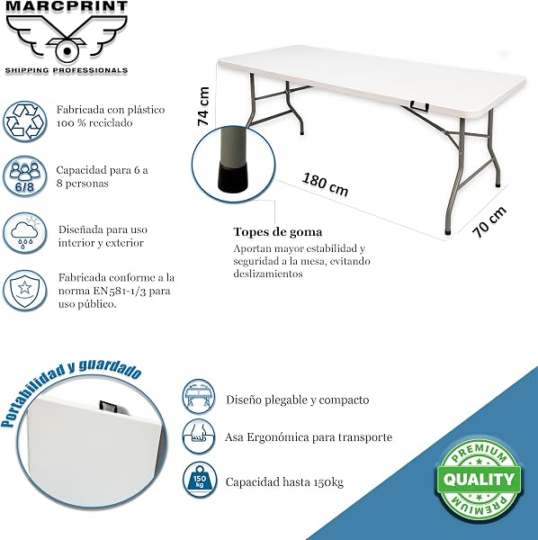MARCPRINT - Mesa Plegable 180 x 70 cm Interior y Exterior, Carga 150 kg Asa de Transporte Plegado por la Mitad Patas de Acero Altura 74 cm para Camping, Eventos, Comedor, Resina HDPE Color Blanco - 3