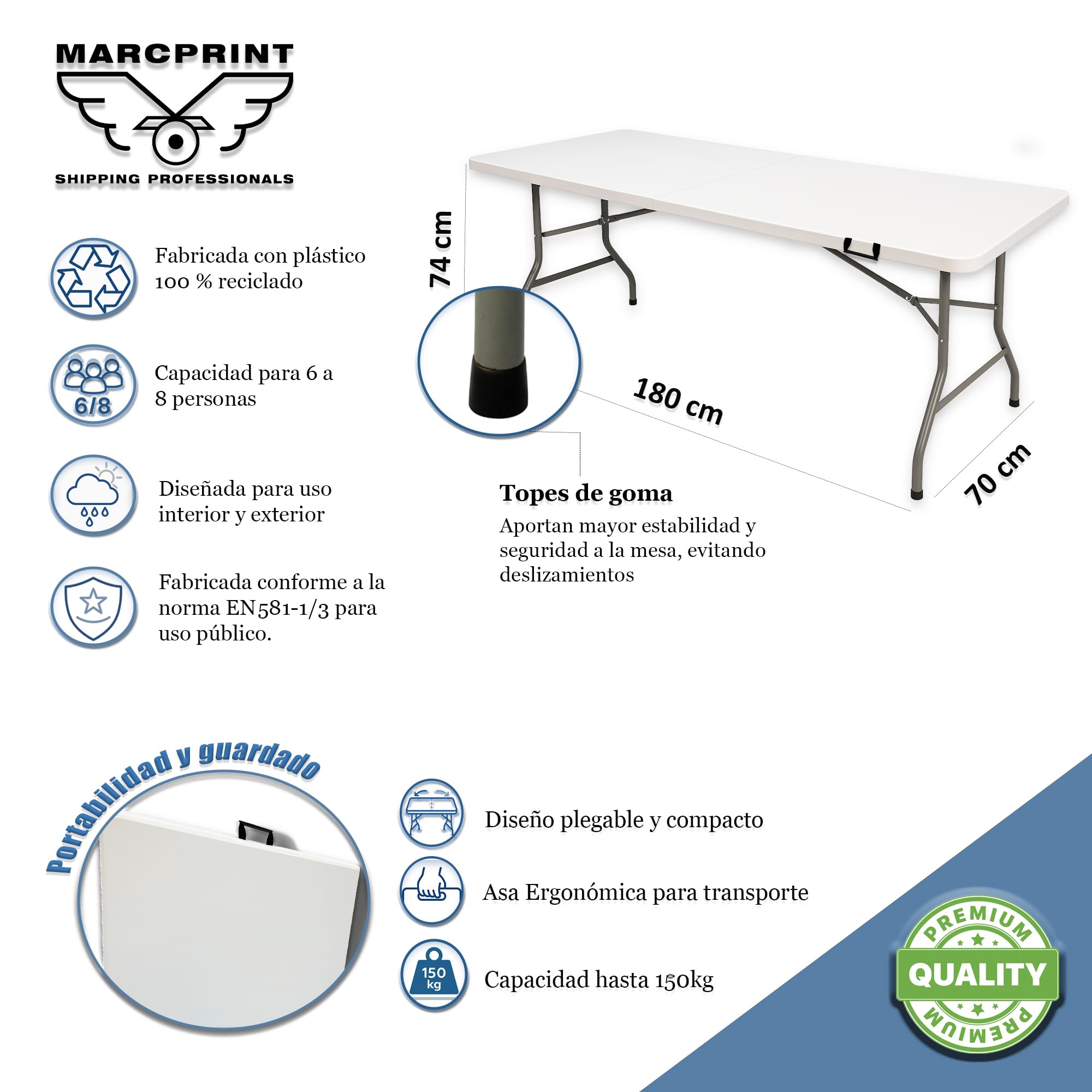 MARCPRINT - Mesa Plegable 180 x 70 cm Interior y Exterior, Carga 150 kg Asa de Transporte Plegado por la Mitad Patas de Acero Altura 74 cm para Camping, Eventos, Comedor, Resina HDPE Color Blanco — view 3