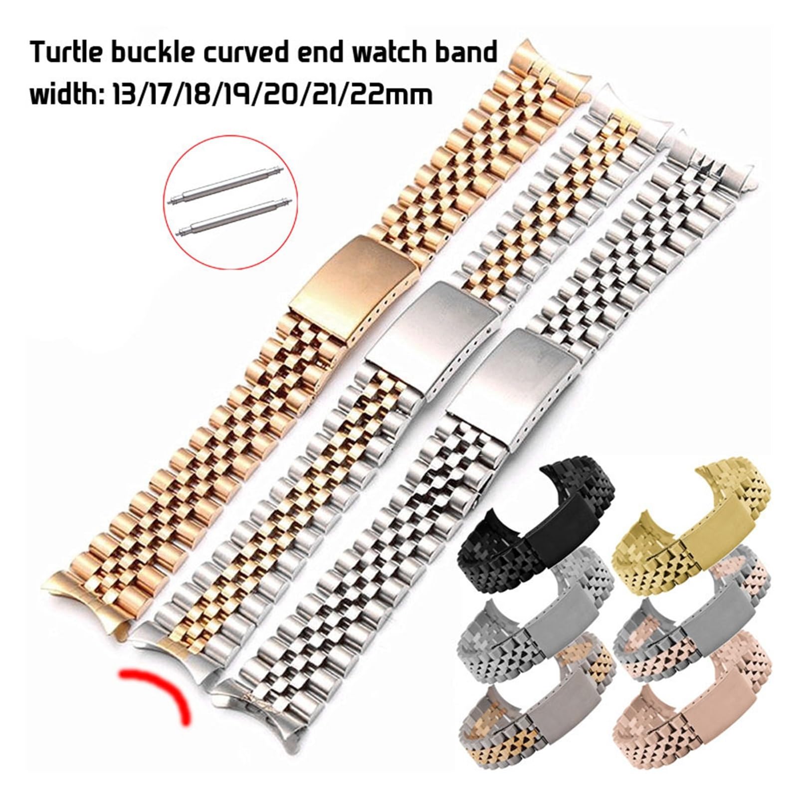 Pasek do zegarka z szybkozłączką, Zakrzywiony koniec paska do zegarka ze stali nierdzewnej 13 17 18 19 20 21 22mm 5 koralików solidny metalowy pasek do zegarka bransoletka na rękę żółw klamra W narzęd