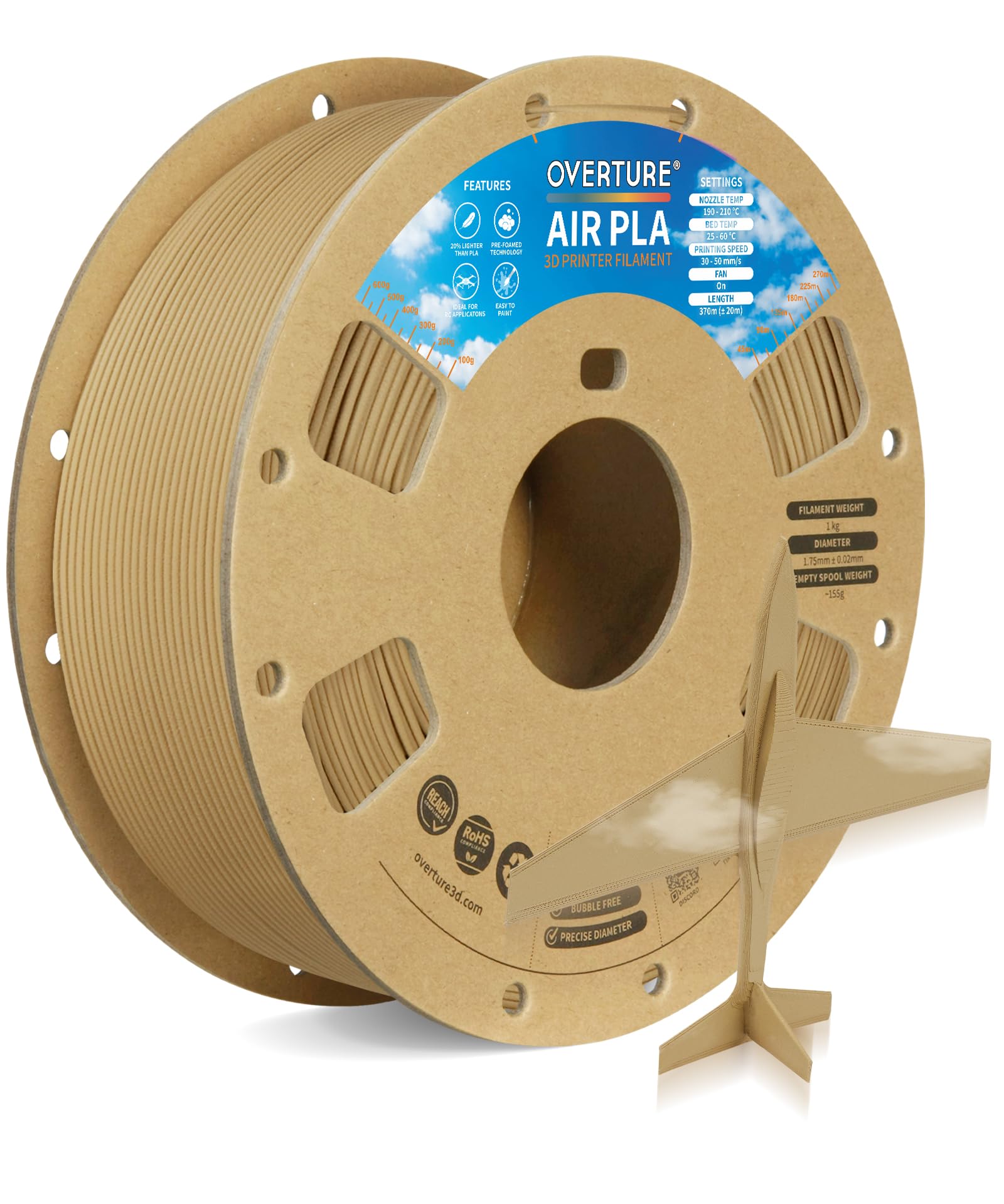 OVERTURE Air PLA Filament, Pre-Foamed PLA Low-Density, Lightweight PLA, Cardboard Spool, 0.82kg(1.8lbs), Dimensional Accuracy +/- 0.02mm (Air Wood)