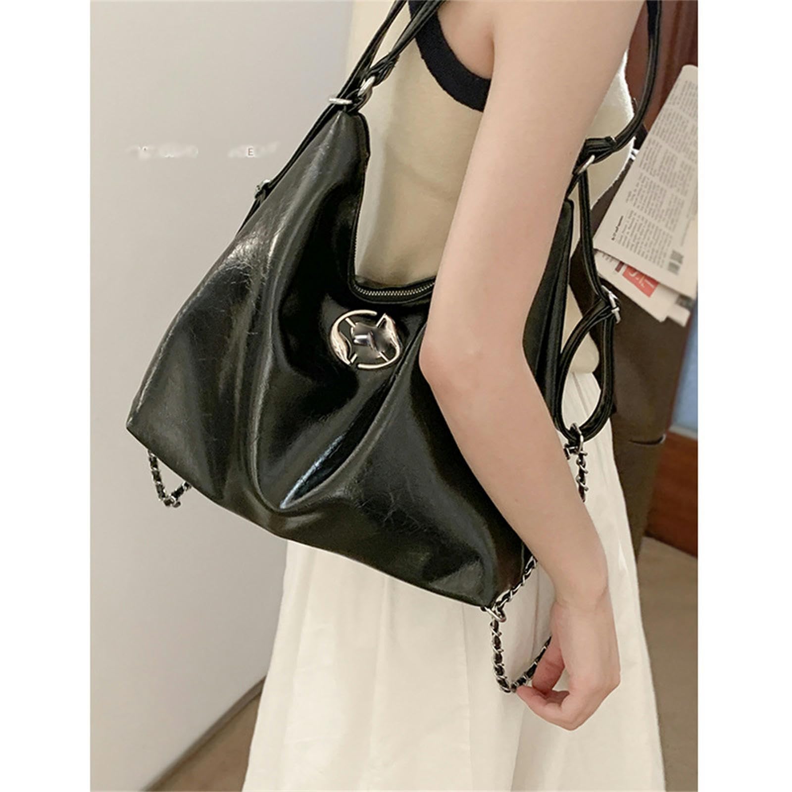 Umhängetasche Damen Rucksack -Frauen -modeketten -Bucket -Tasche Schülern Klasse Große Kapazität Schulterhandtasche Tasche Tasche-schwarz-32 * 25
