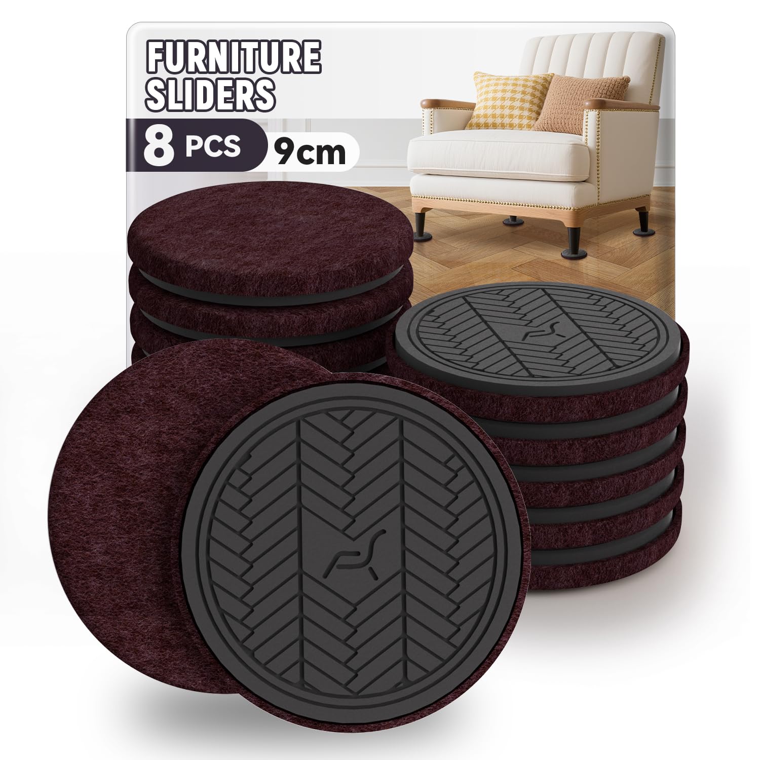 Felt Furniture Sliders for Wooden Floors, Purple 8PCS -9cm (3 ½”) Thick Furniture Pad Gliders for Heavy Duty Items, Moving Heavy Furniture Quickly and Easily — image 1