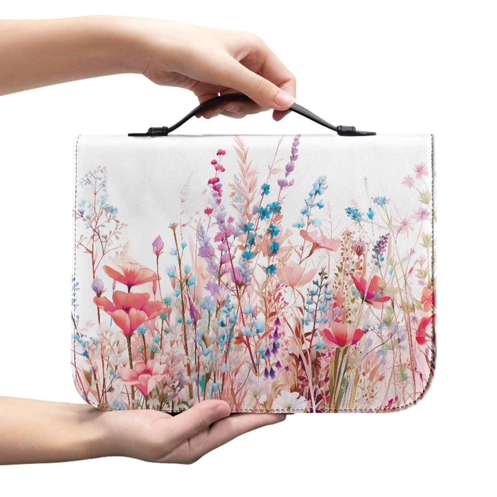Glomenade Pink Flower Bible Bags for Women Girls, PU Leather Bible Carrying Case Lightweight Bible Protective with Handle Bookmark Church Bag