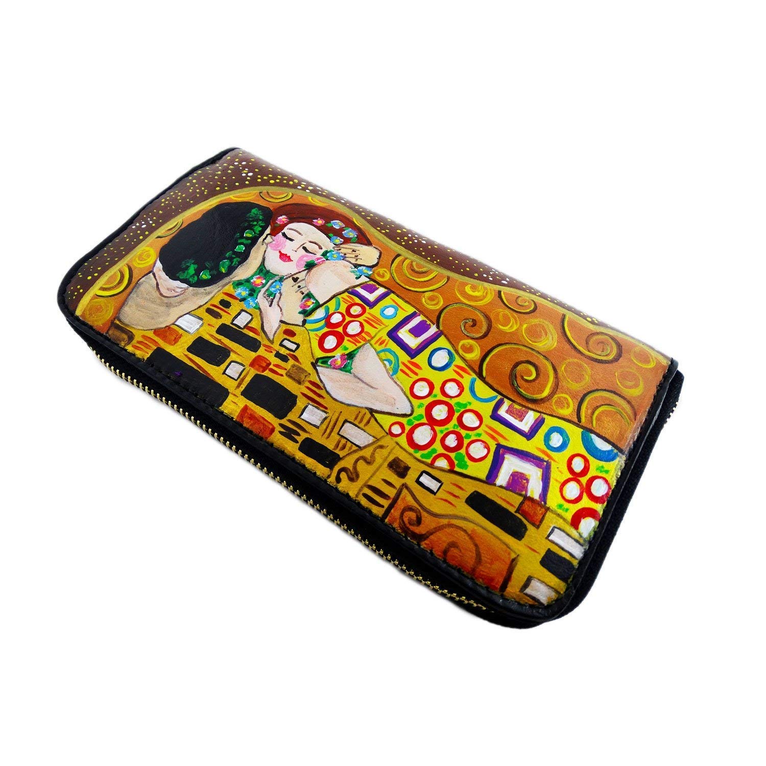 Arte Lisanti Portafoglio da donna in pelle dipinta a mano - IL BACIO DI KLIMT - Portafogli Donna, Vera Pelle, Made in Italy, con cerniera lampo, porta carte credito, Lavorazione Artigianale