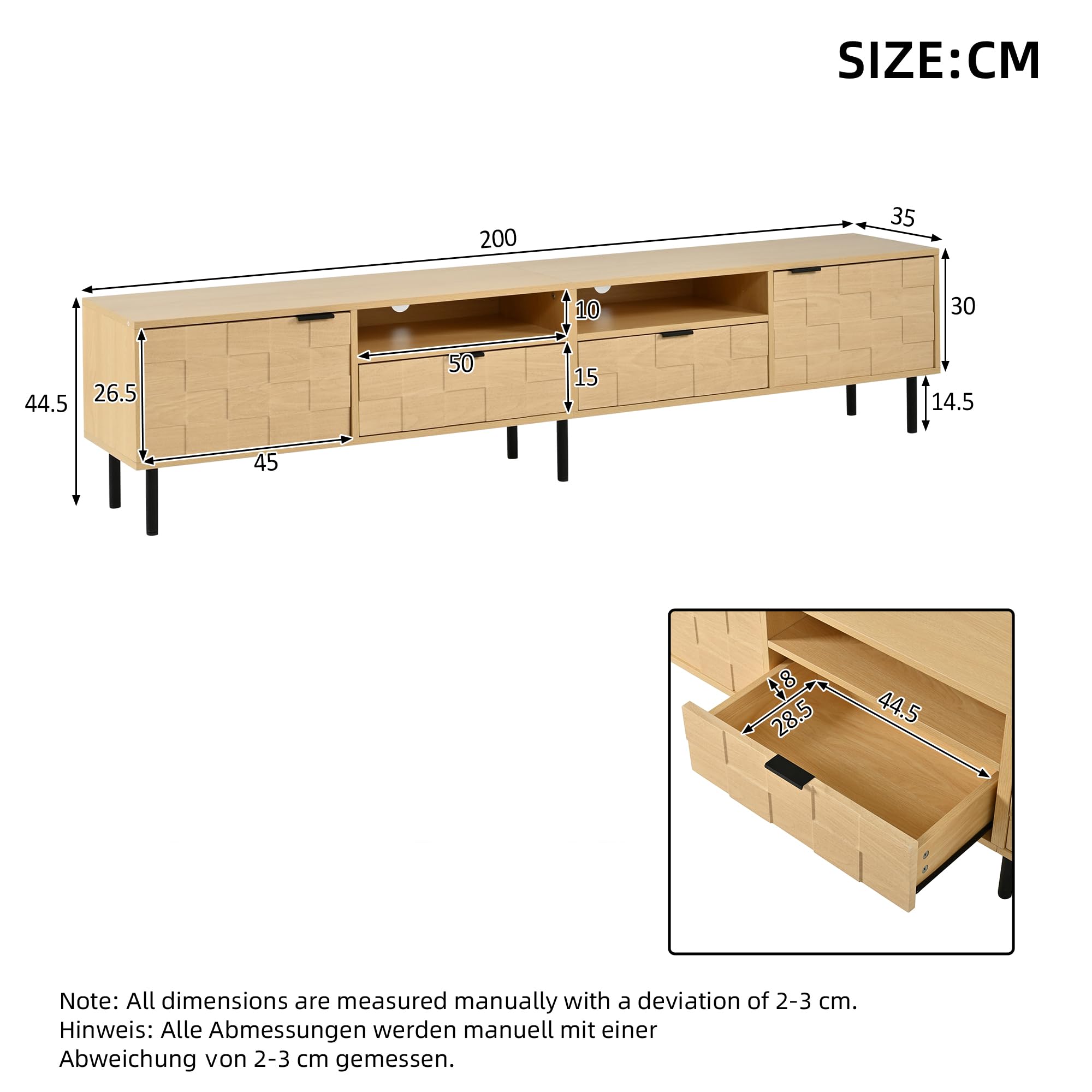 Gecheer TV Lowboard 200x35x44,5cm mit Schubladen Flügeltüren Naturholz