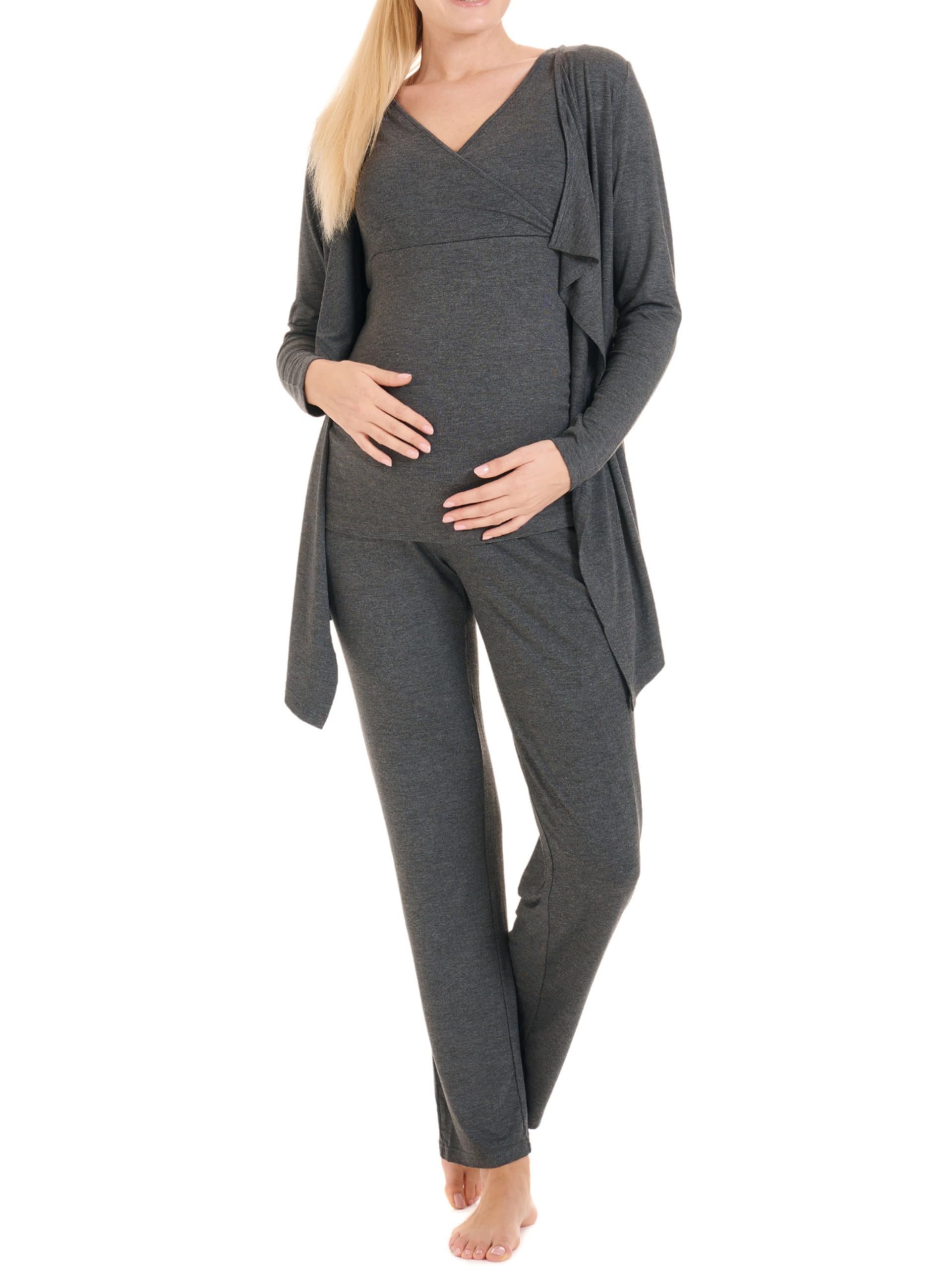 Herzmutter Stillpyjama-Set - 3-teilig - Umstands-Pyjama für Damen - Schwangerschafts-Wochenbett-Set - Hose-Top-Cardigan - 8100