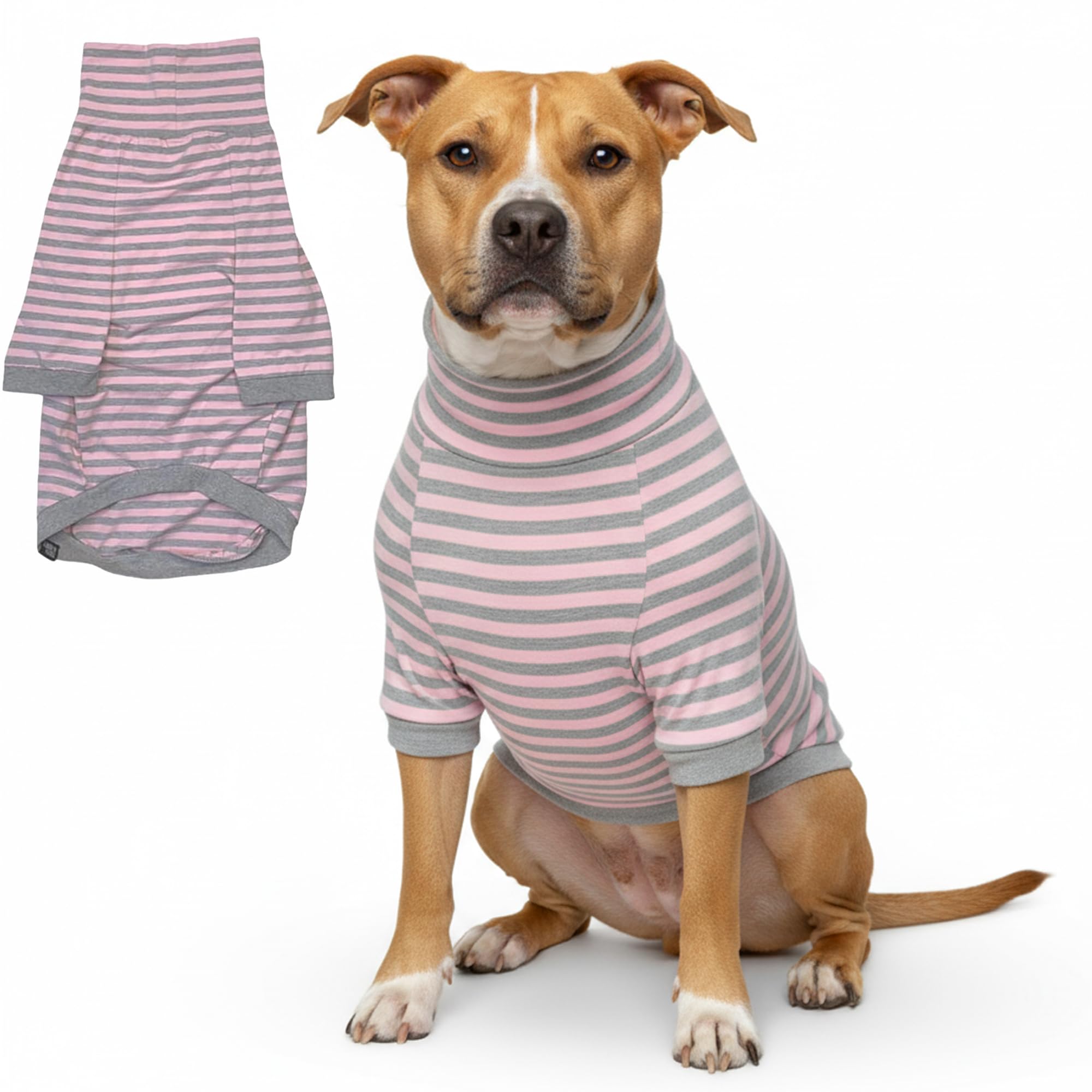 Tooth & Honey Big Dog Stripe Shirt Pullover with Full Belly Coverage for Pitbulls and Large Dogs – Pink and Grey (XXL)