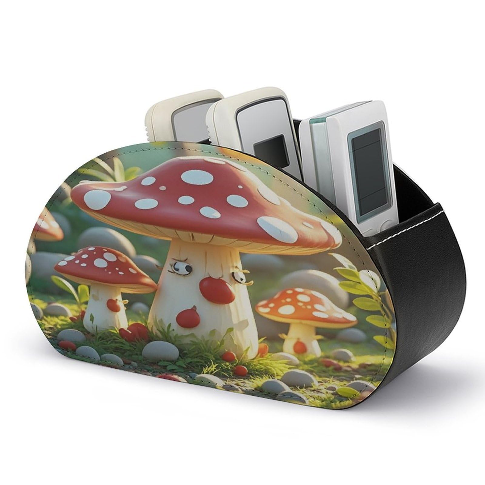FekiLoot Leather Remote Control Holder with 5 Compartments Red Cartoon Mushroom Remote Caddy Desktop Organizer Store TV Remote Holder Remote Organizer for Bedside Table Office Desk