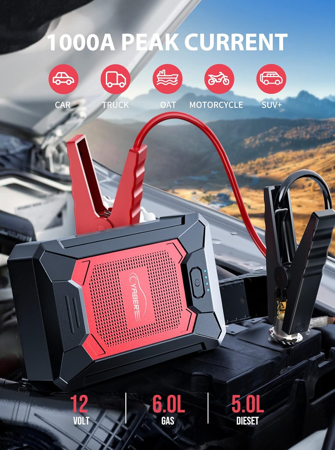 Buy YABER Portable Car Jump Starter 1000A 12000mAh 12V Car Battery Jump